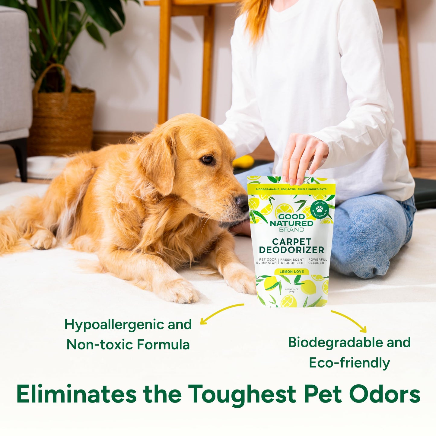 Good Natured Brand | Carpet Deodorizer & Freshener Powder | 31 oz Pet Odor Eliminator for Strong Odor & Pet Urine | Fresh Natural Lemon Scent | Safe