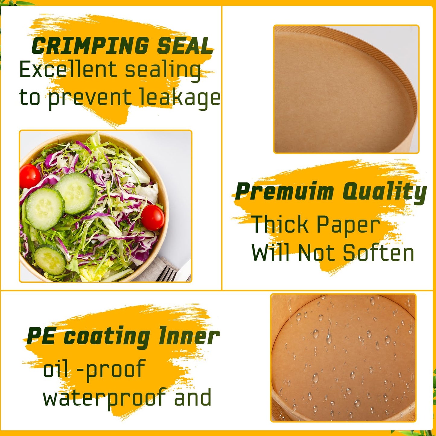 Enjamyo 36Oz Large Paper Bowls with Lids,50 Pcs Disposable Soup Bowls Bulk,Kraft Paper Salad Bowl,Round Bowls,Heavy Duty Soup Serving Bowls