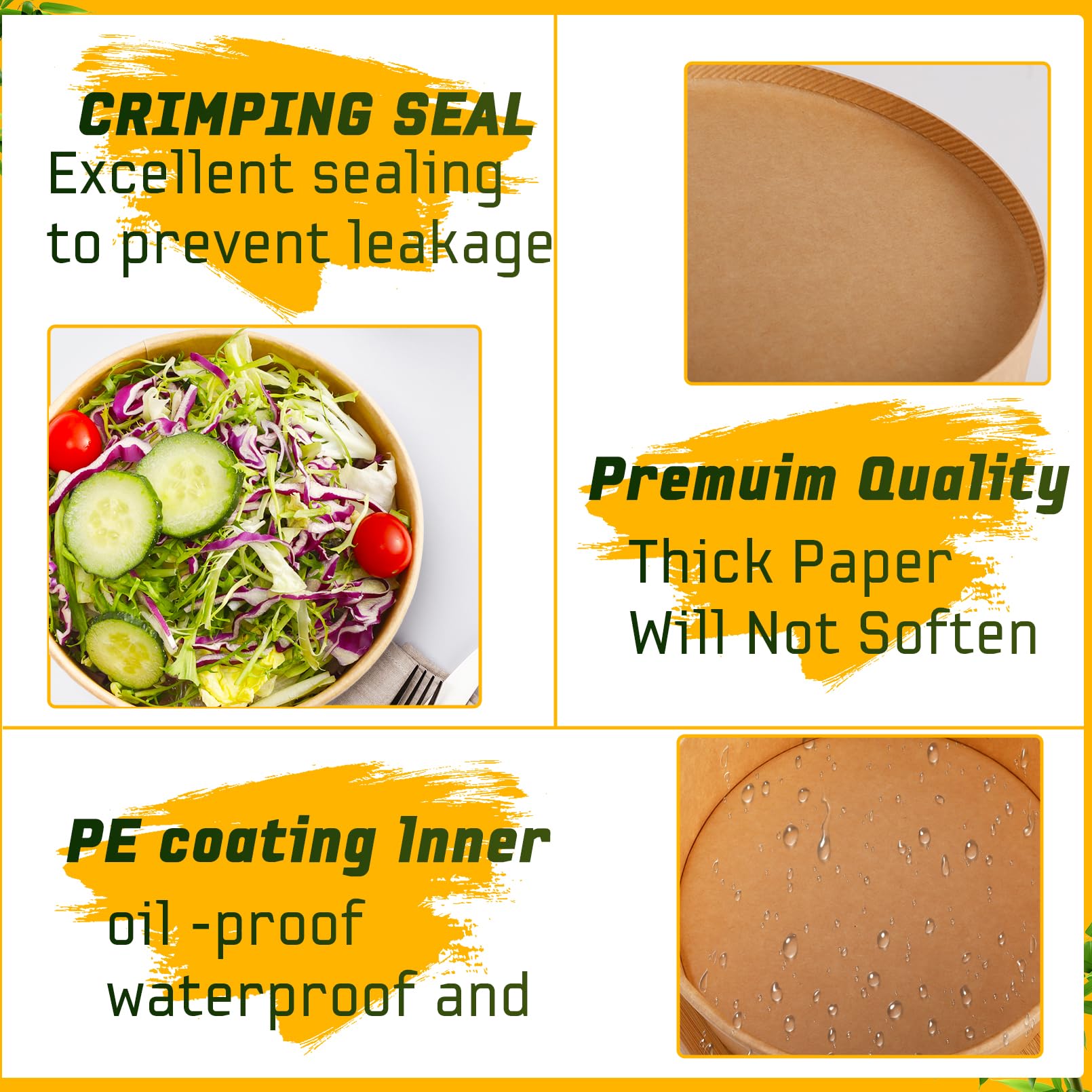 Enjamyo 36Oz Large Paper Bowls with Lids,50 Pcs Disposable Soup Bowls Bulk,Kraft Paper Salad Bowl,Round Bowls,Heavy Duty Soup Serving Bowls