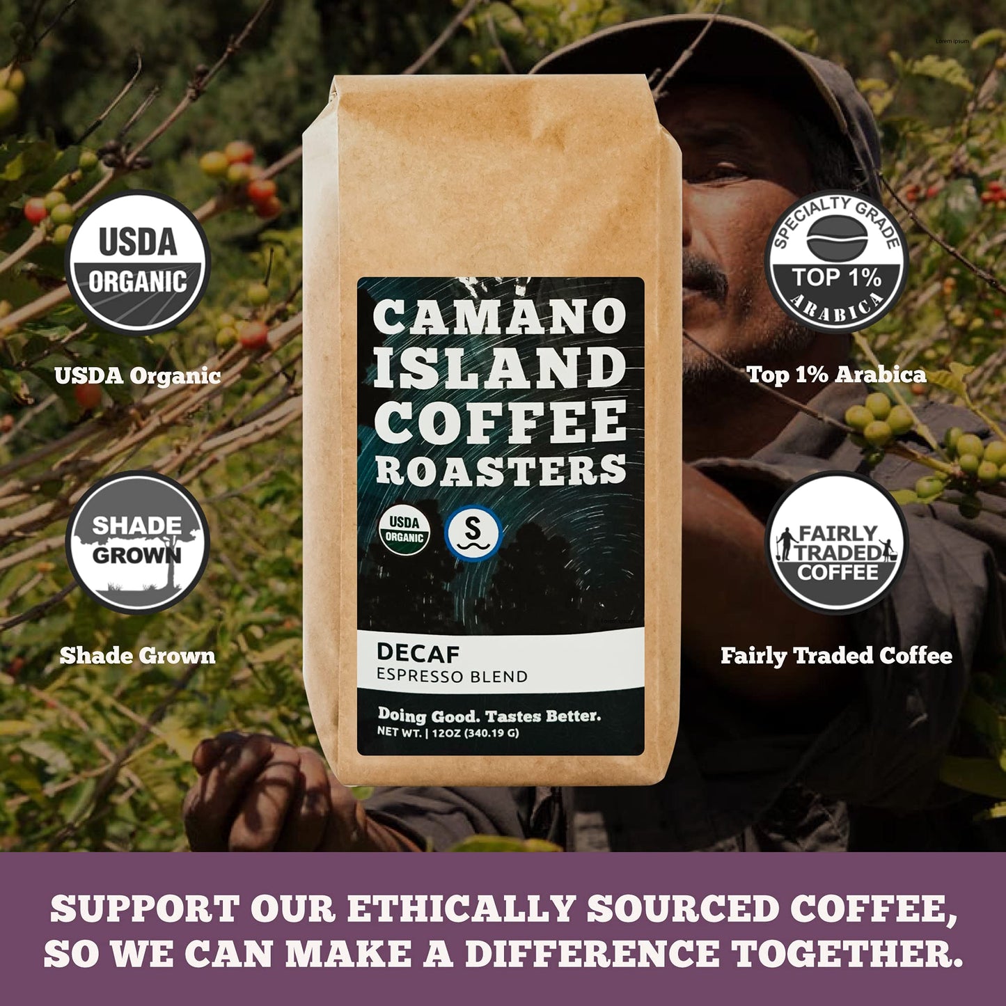 Camano Island Coffee Roasters Decaf Espresso Blend, Ground 12oz, Fresh Dark Roast Swiss Water Processed, USDA Organic, Fairly Traded, Shade Grown Top