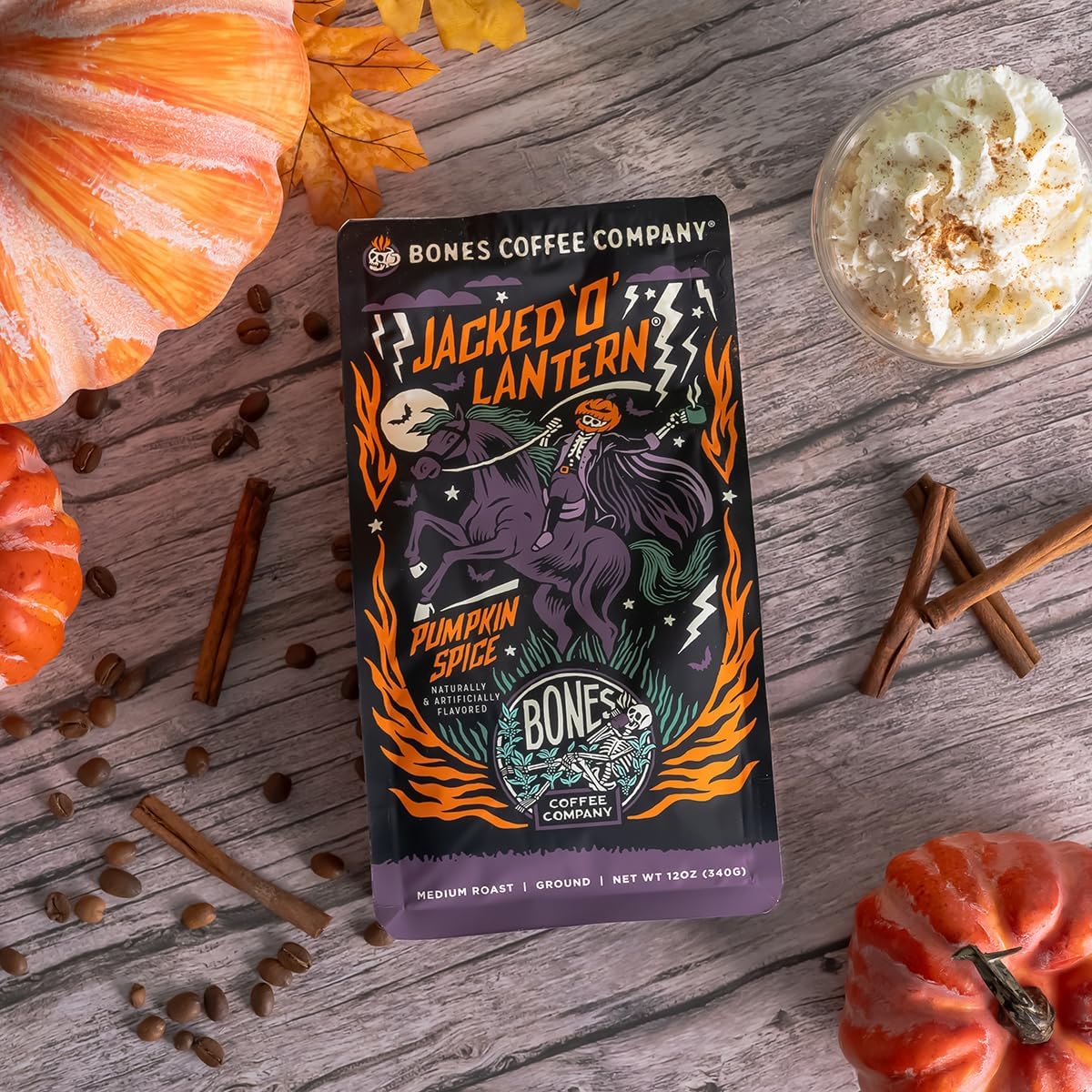 Bones Coffee Company Jacked 'O' Lantern, Pumpkin Spice Flavored Coffee, Medium Roast Low Acid Arabica Beans Compatible with Auto drip and French Press