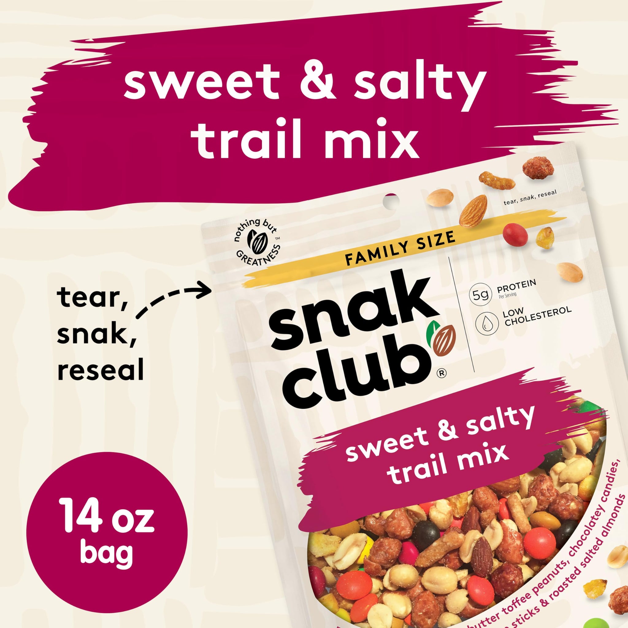 Snak Club Sweet and Salty Trail Mix with Peanuts, Butter Toffee Peanuts, Chocolatey Candies, Toasted Corn, Honey Sesame Sticks, and Almonds, Kosher