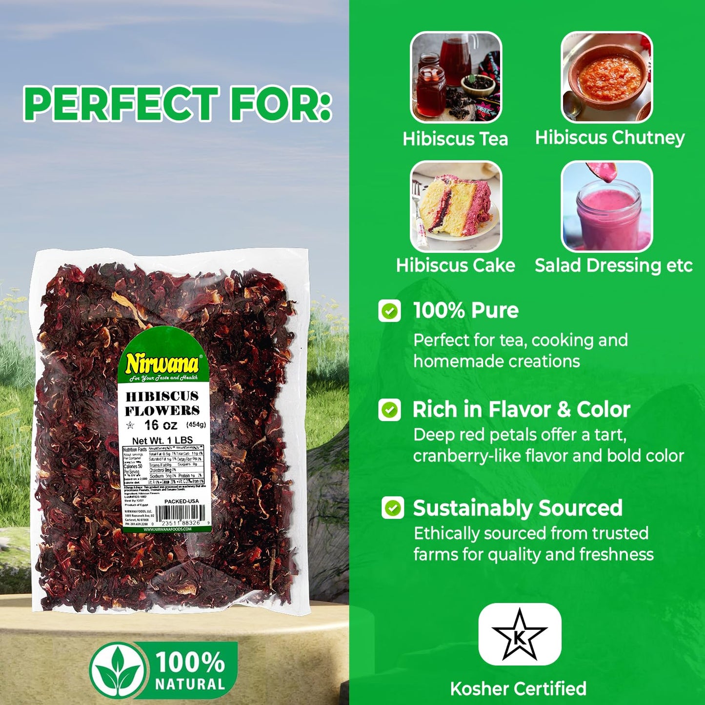 Premium Dried Hibiscus Flowers - Whole Flower Petals for Herbal Infusions, Loose Leaf Blends, and Culinary Use - Great with Dandelion Root, Raspberry