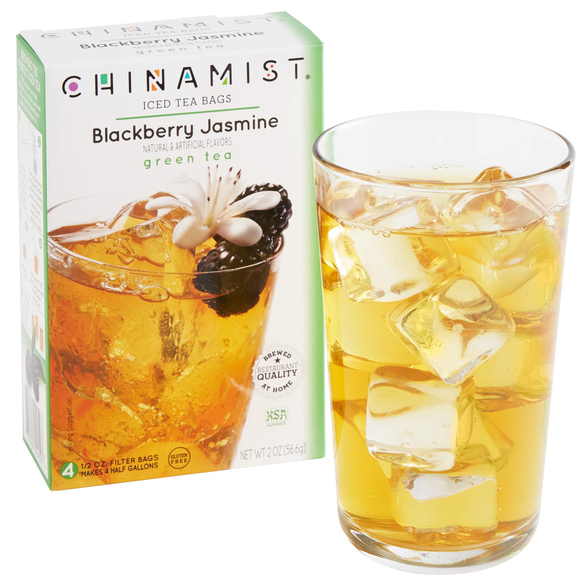 China Mist Iced Tea - Blackberry Jasmine Green Tea Infusion - Refreshing and Delicious - Each Tea Bag Yields 1/2 Gallon - 4 bags.