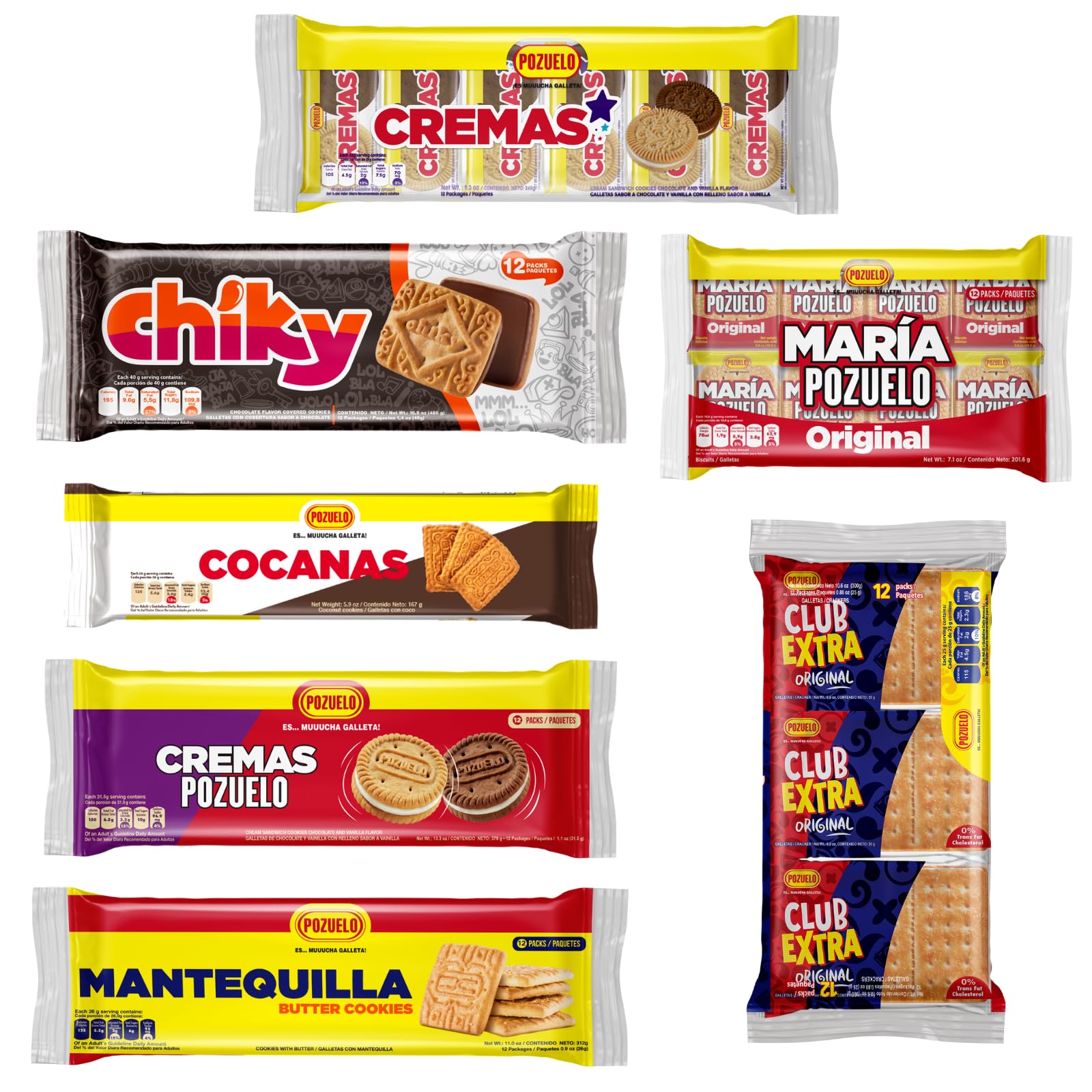 Pozuelo Cookies & Crackers Variety Bundle | Chiky Chocolate, Butter Cookies, Club Extra Crackers, Cremas Star, Cremas Mixed, Maria Pozuelo, Cocanas |