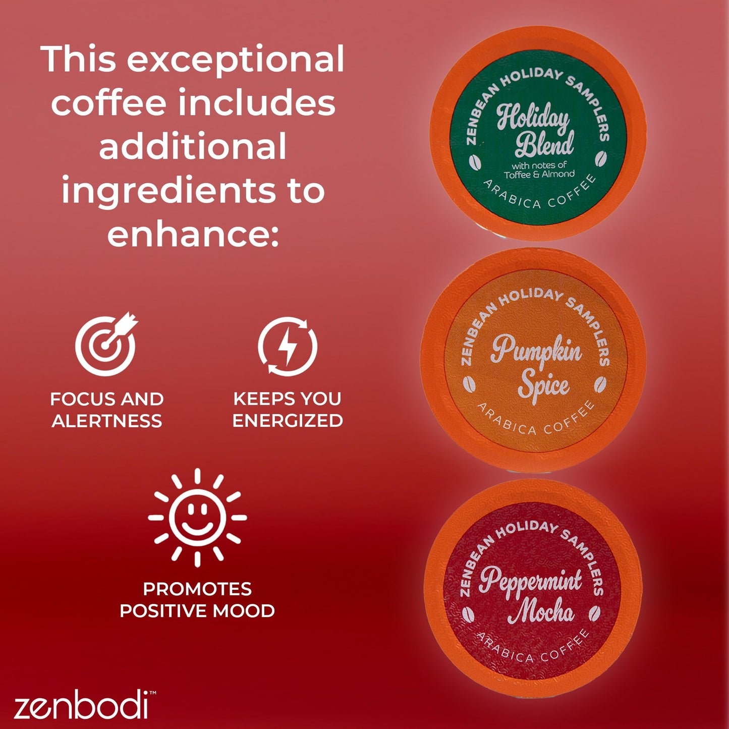 Zenbean Holiday Sampler - 12 Holiday K Cups, Nootropic Coffee Capsules, Works with Capsule Machines, Holiday Blend (with Notes of Toffee and Almond)