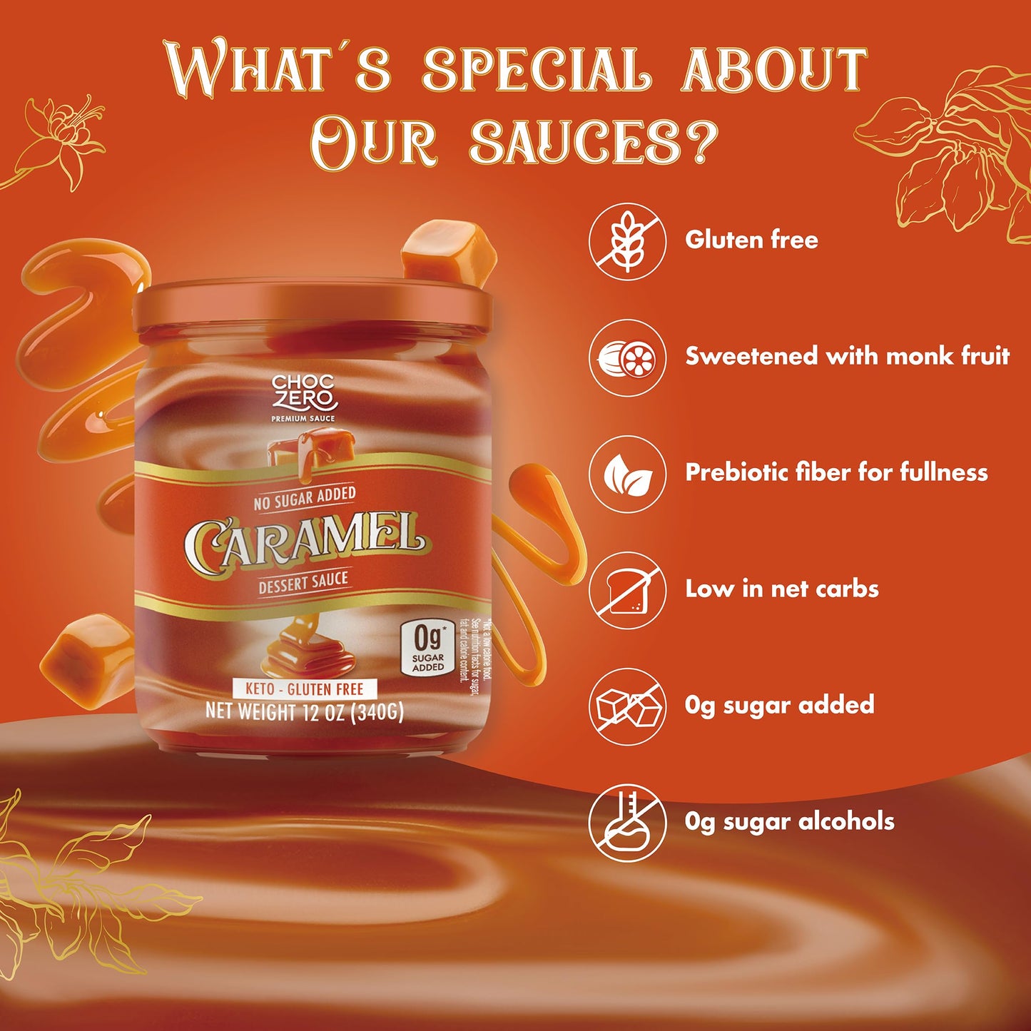 ChocZero Keto Caramel Sauce, No Sugar Added, No Artifical Sweeteners, Low Carb Dessert & Coffee Topping, Gluten Free, 12 oz Jar
