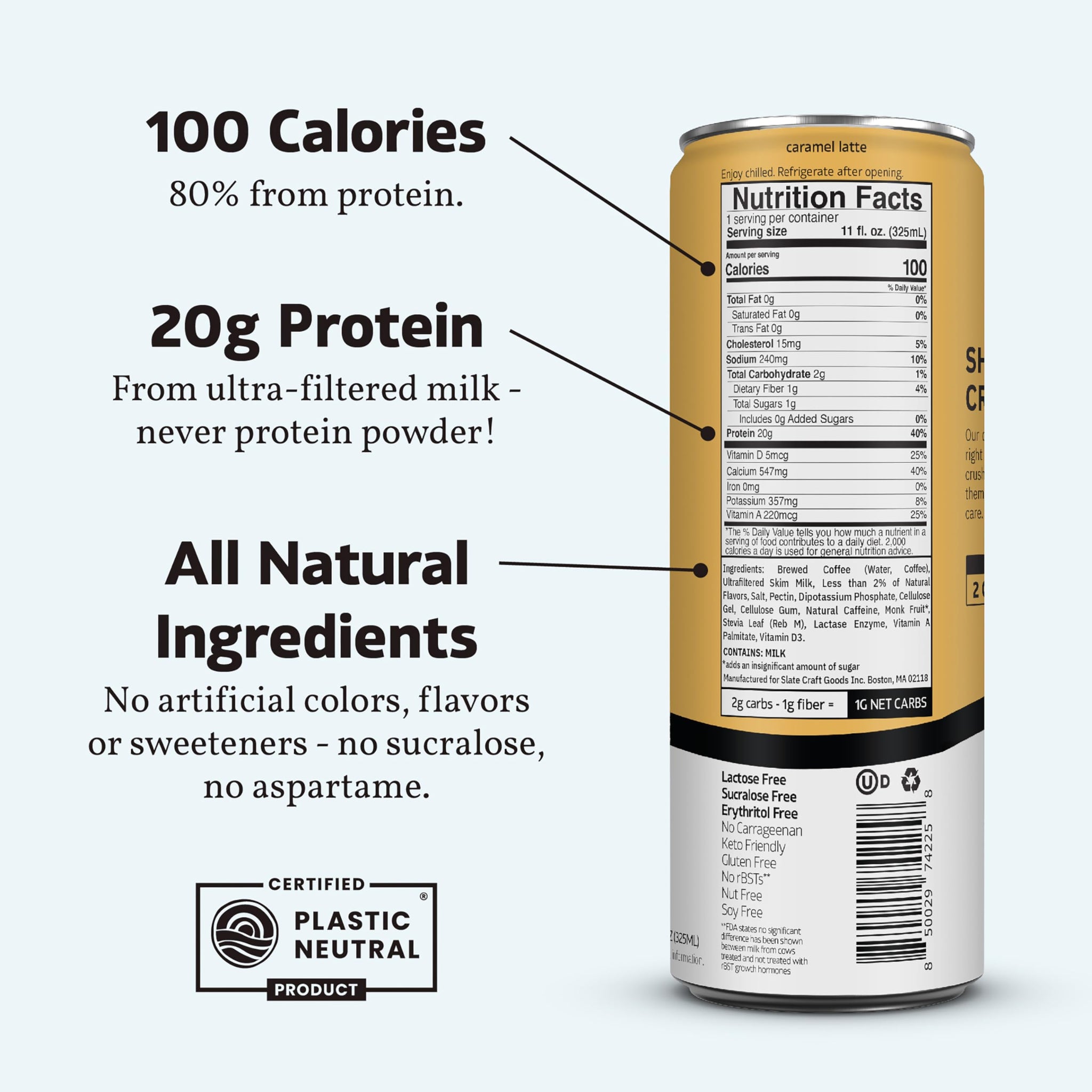Slate Milk - High Protein Iced Coffee - Caramel Latte - 175mg Caffeine, Lactose Free Energy - 20g Protein, 1g Sugar, 100 Calories, 1g Net Carbs, No