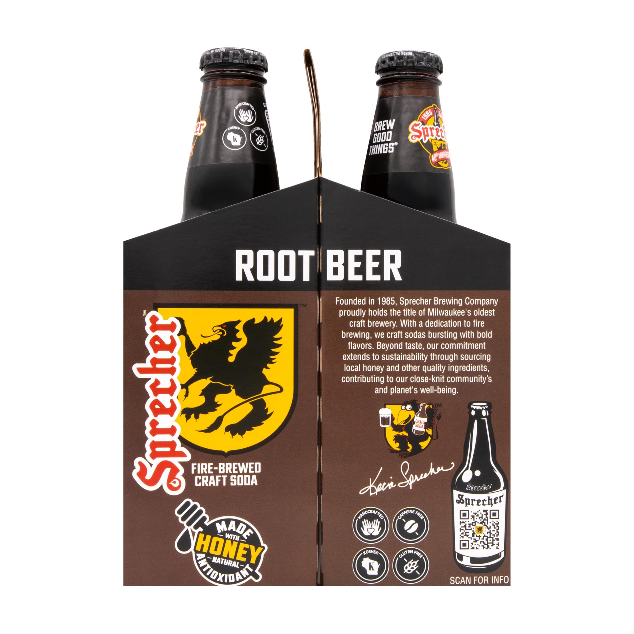 Sprecher Fire Brewed Craft Soda, Handcrafted Gourmet Soft Drink with Real Honey, 16 fl oz Glass Bottles (12 Pack, Multiple Flavors Available) (Root
