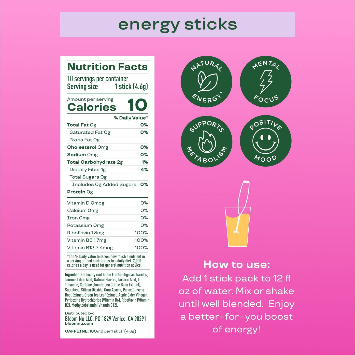 Bloom Nutrition Energy Drink Powder Packets, Sugar Free Energy Drink Mix with L-Theanine, B Vitamins & Natural Caffeine, On the Go Powder Sticks