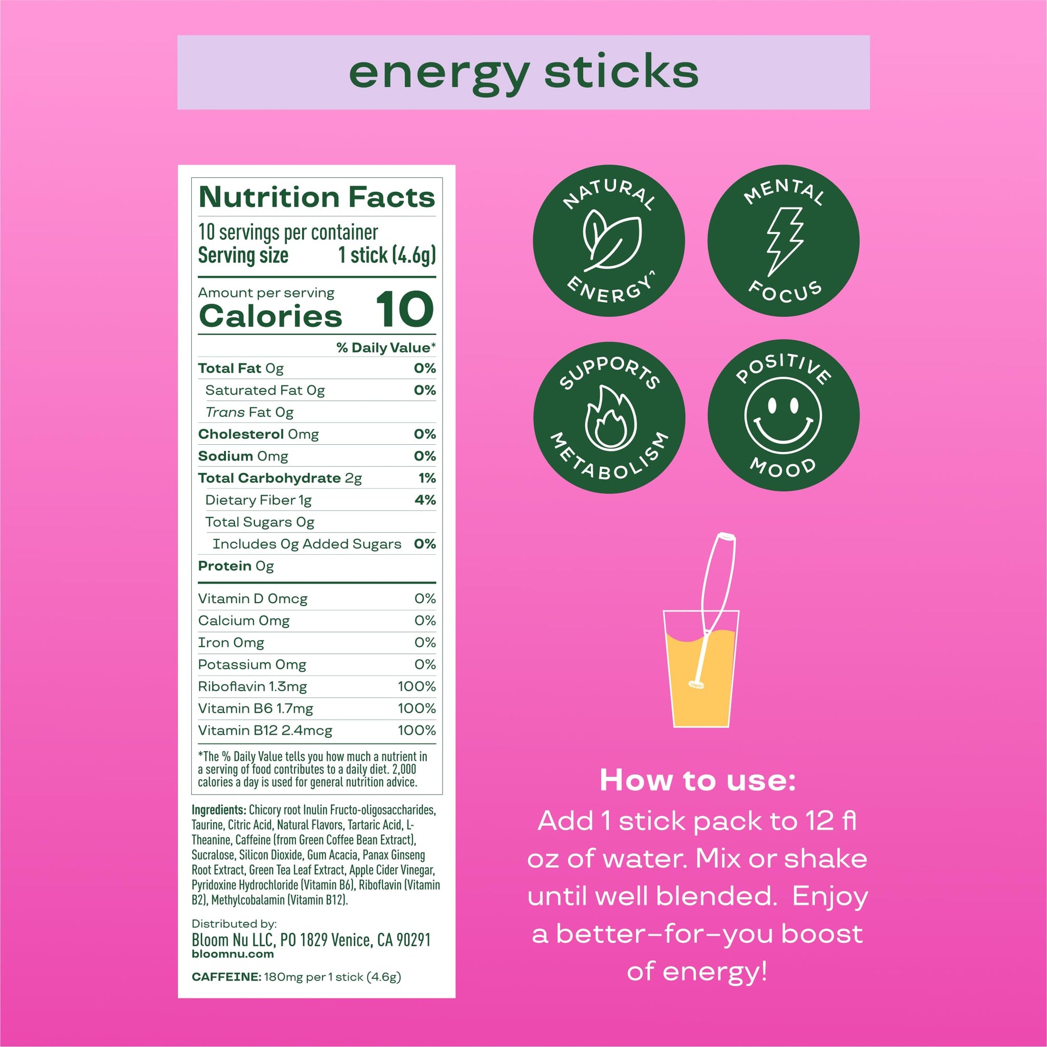 Bloom Nutrition Energy Drink Powder Packets, Sugar Free Energy Drink Mix with L-Theanine, B Vitamins & Natural Caffeine, On the Go Powder Sticks