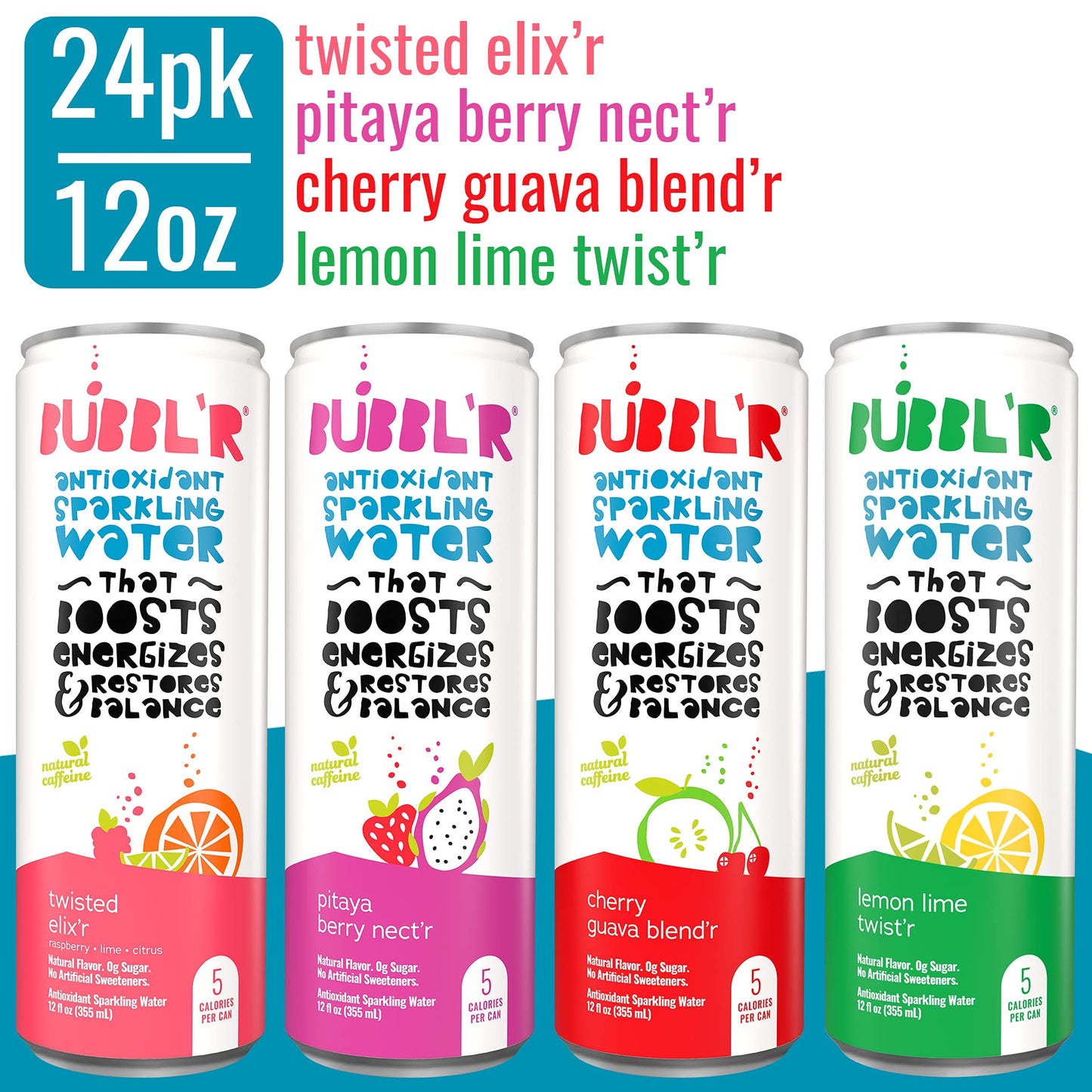 BUBBL'R Antioxidant Sparkling Water, Variety Pack (twisted elixi'r, pitaya berry nect'r, cherry guava blend'r, and lemon lime twist'r), 12 Fluid Ounce