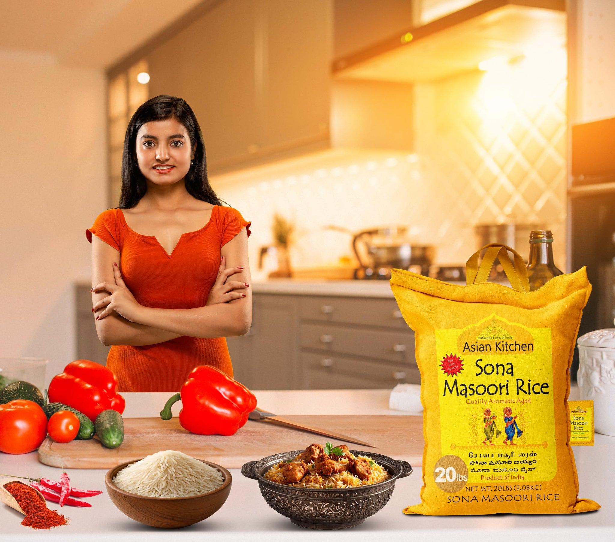 Asian Kitchen White Sona Masoori Aged Rice 20-Pound Bag, 20lbs (9.08kg) Short Grain Rice ~ All Natural | Gluten Friendly | Vegan | Kosher | Indian