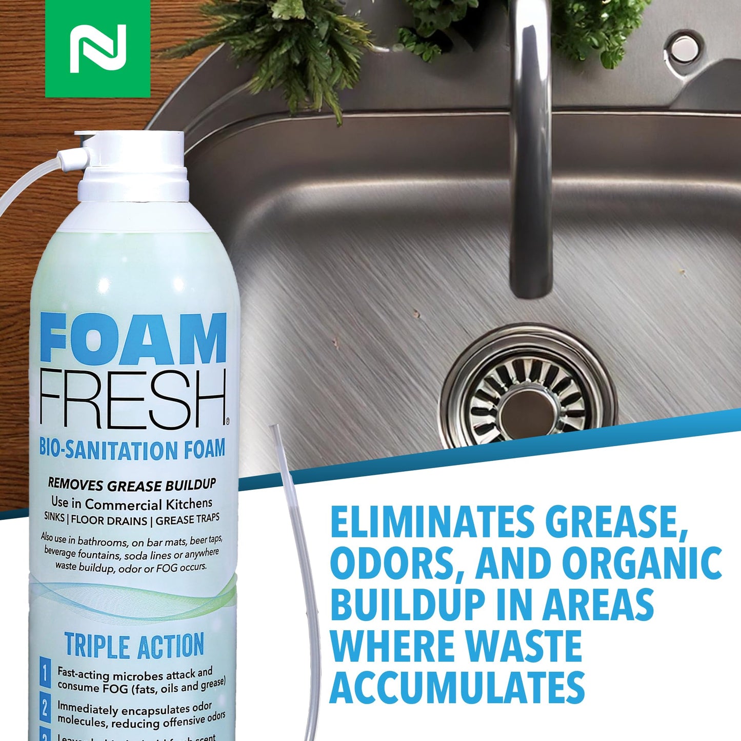 Nisus Foam-Fresh Bio Sanitation Foam, Removes Grease and Organic Buildup, Odor Control for Sinks, Drains, and Grease Traps, 18 Oz
