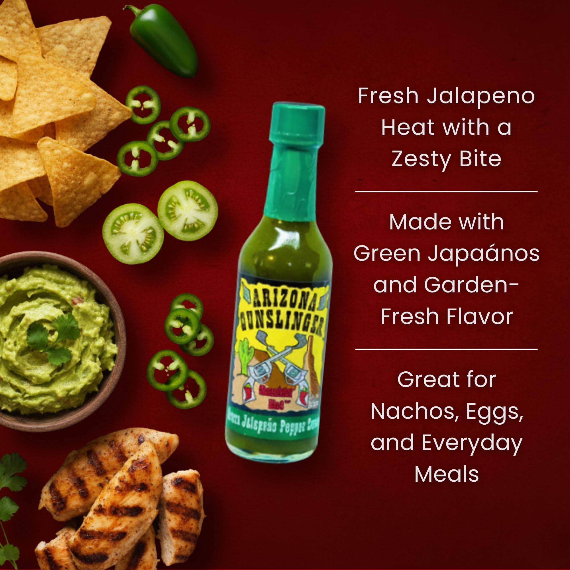 Arizona Gunslinger Zesty Jalapeño Green Hot Sauce, Low Sodium Mild Salsa Verde - Mexican Pepper Blend for Tacos, Burritos, Nachos & More, Smooth Verde