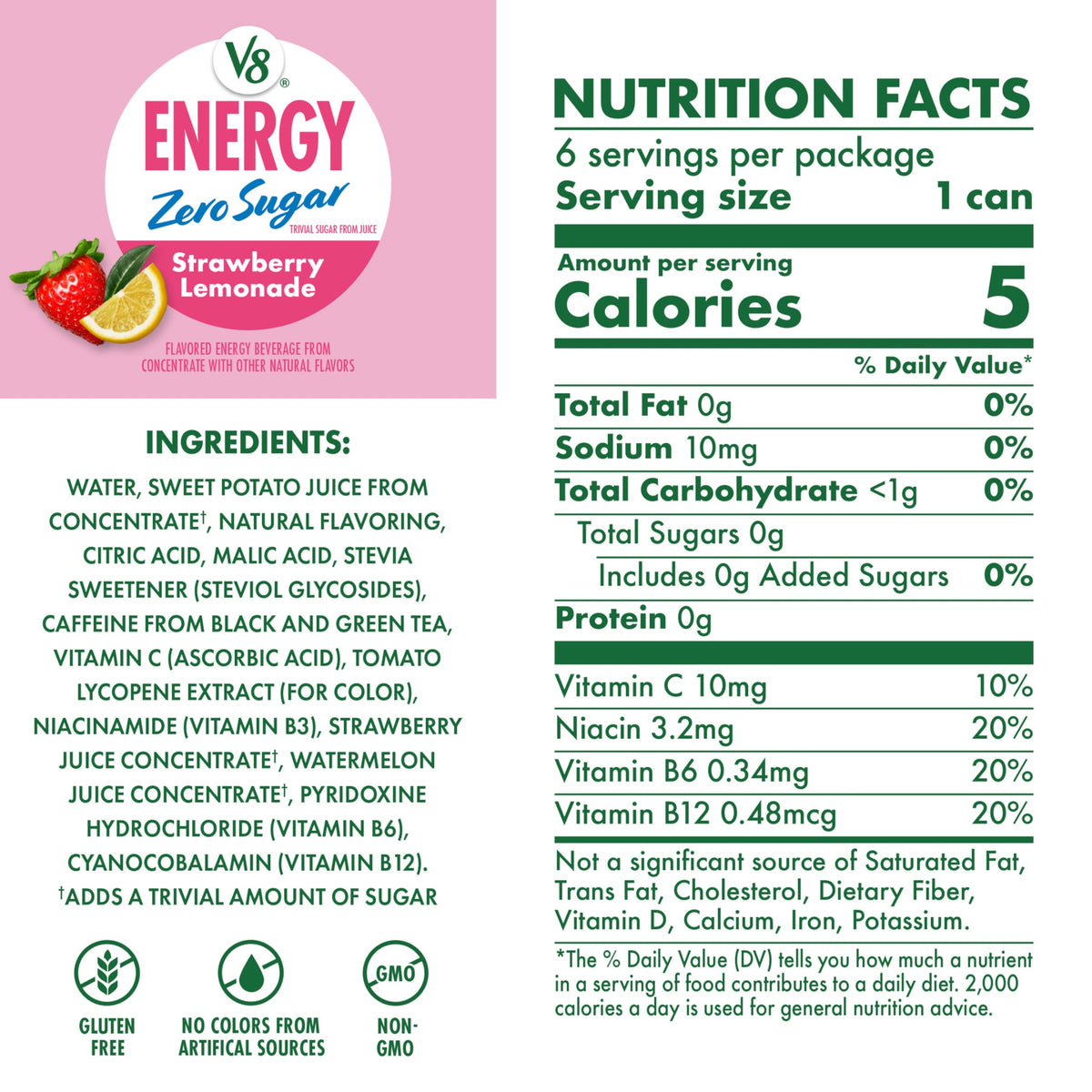 V8 Energy Zero Sugar Strawberry Lemonade, 8 fl. oz. Can (24 Pack)