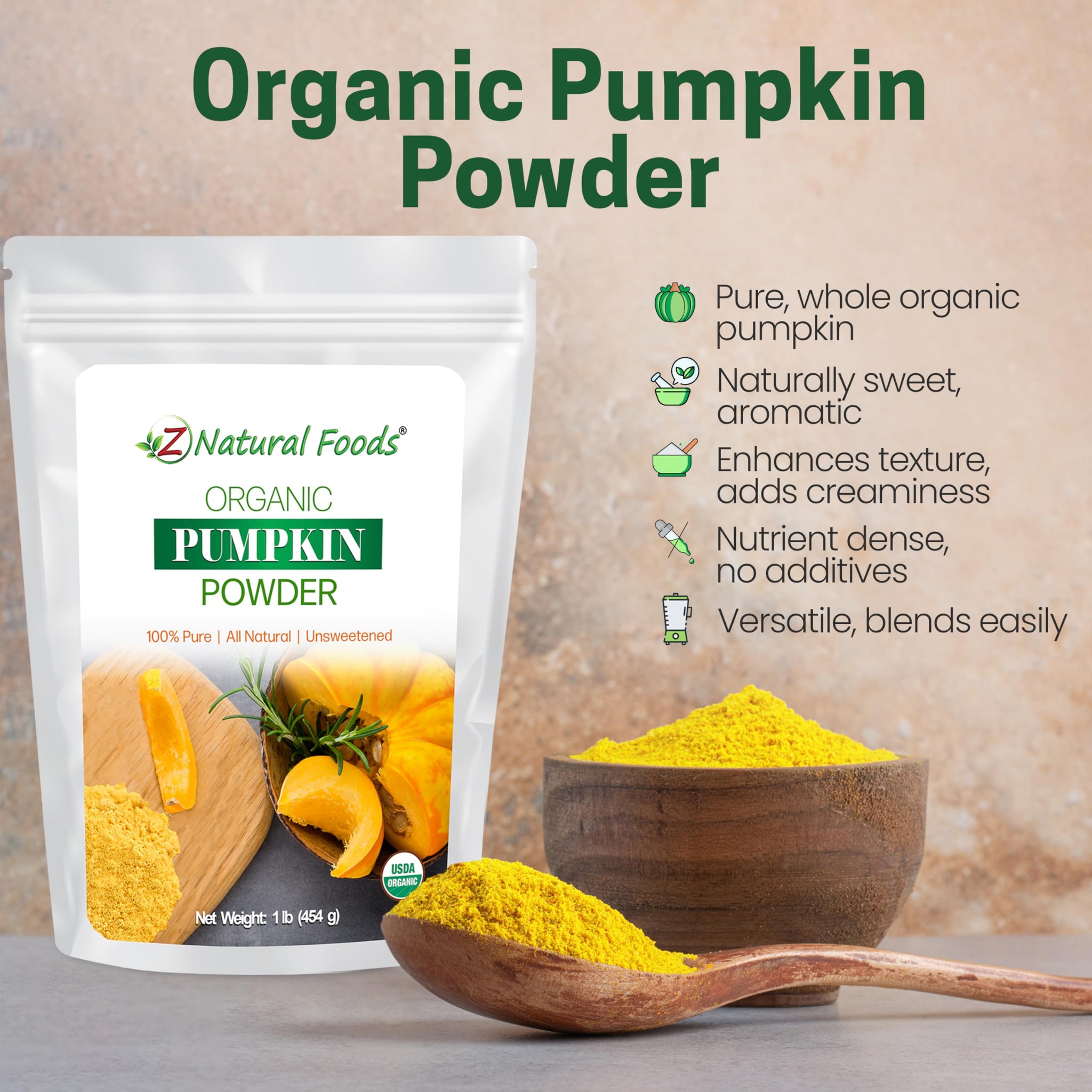 Z Natural Foods Organic Pumpkin Powder - Pure Powdered Pumpkin for Delicious Pumpkin Spice Latte, Baking, Smoothies, Juice, Puree - Dried Sweet Vegan
