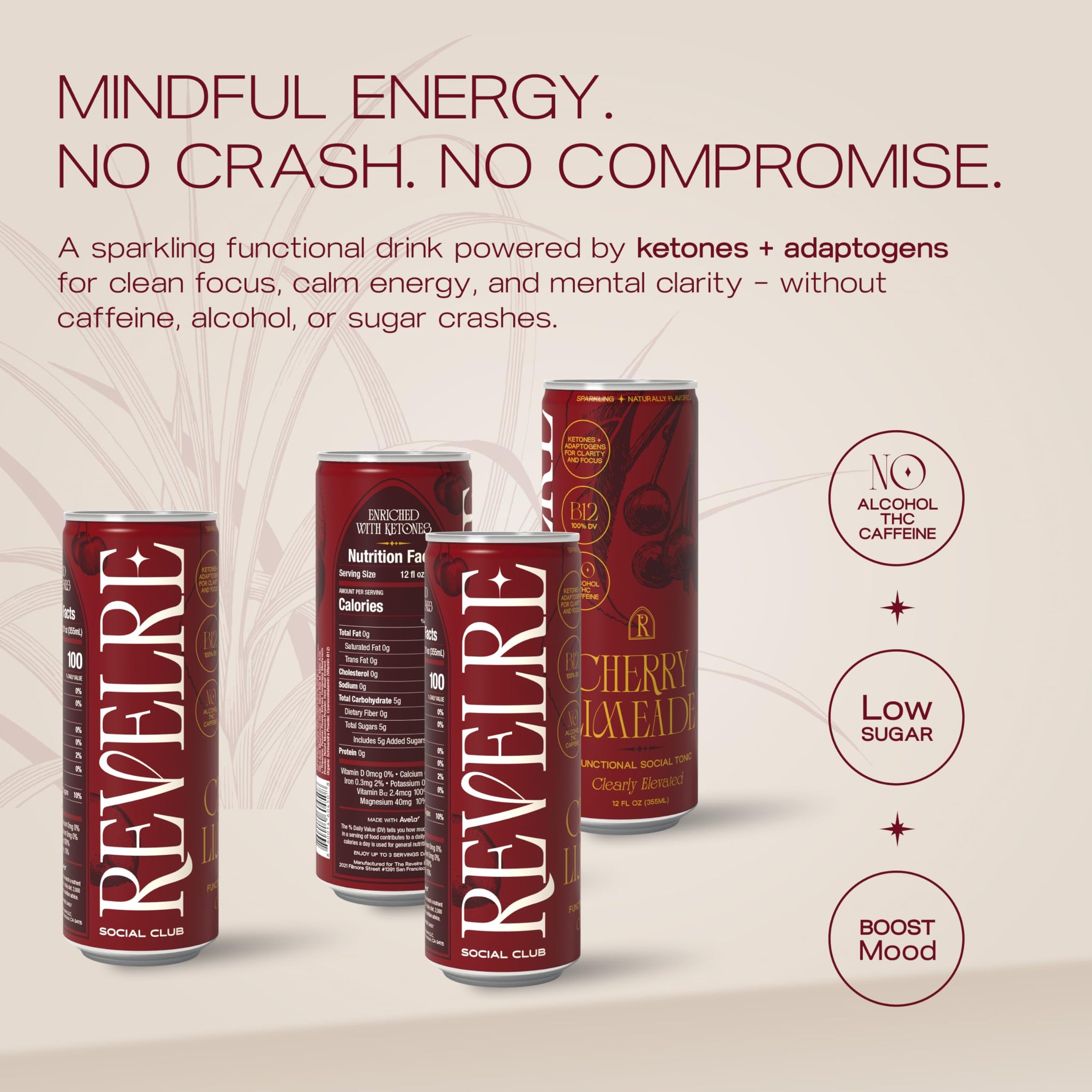 Revelre - Non-Alcoholic Mocktails with Adaptogens & Ketones, Clean Energy, Focus and Calming Ingredients - Magnesium, B12, Reishi & Cordyceps