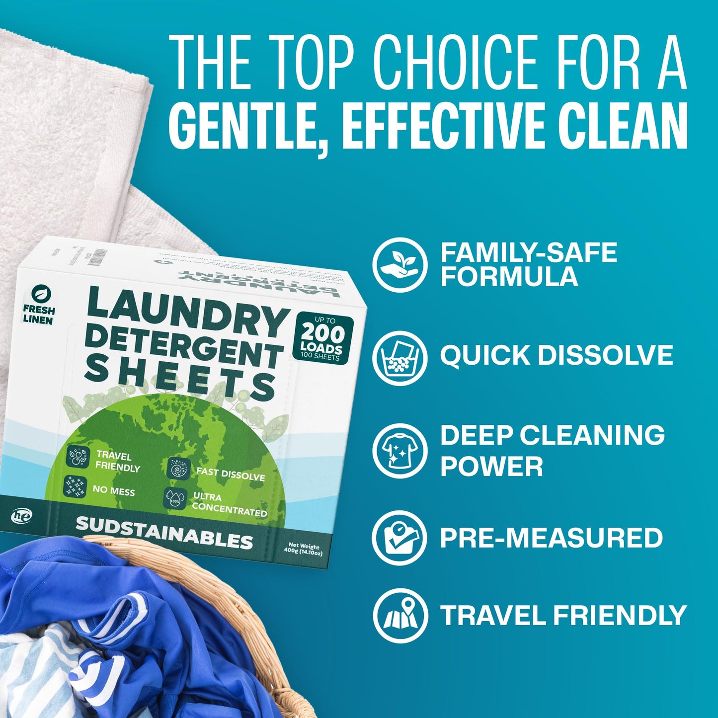 Sudstainables Laundry Detergent Sheets 200 Loads - Dissolvable Laundry Sheet for Washing Machines, Compact Alternative to Liquid & Powder Detergent