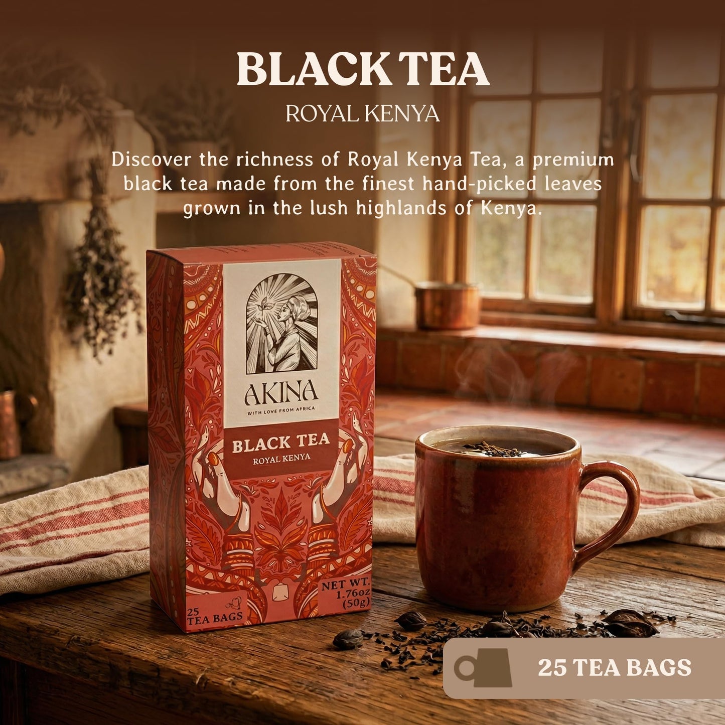 AKINA - Royal Kenya Flavored Black Tea Bags, Individually Wrapped, Magic Fruity Range Classics, String and Tag Kenyan Tea, Rich and Earthy Notes