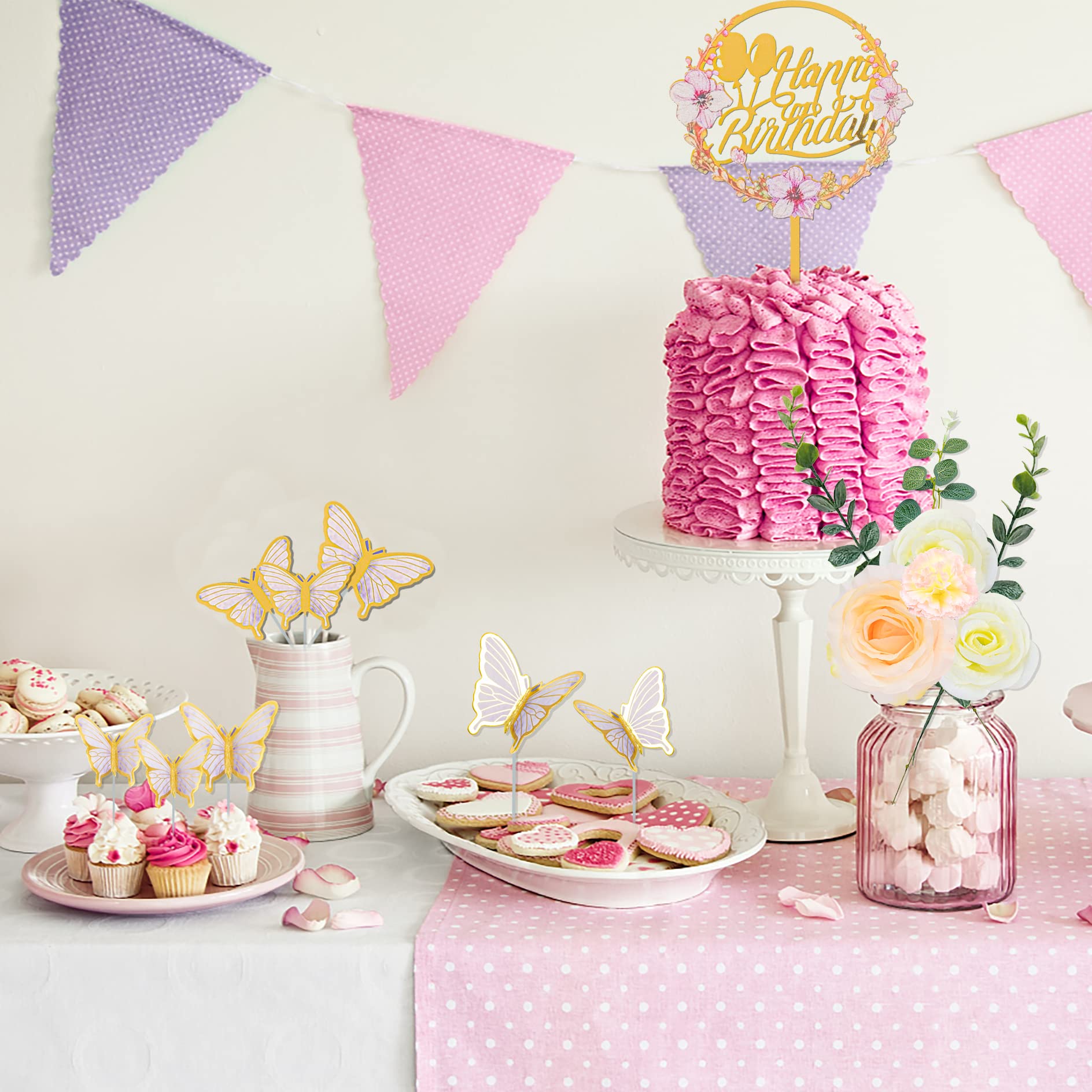 28pcs Flower Cake Topper 3D Butterfly Acrylic Happy Birthday Cake Toppers Artificial Carnation Rose Flowers Eucalyptus Leaves Cake Decorations