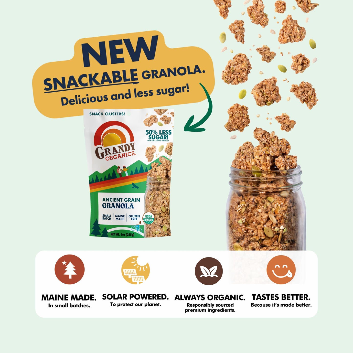 Grandy Organics Ancient Grain Granola Clusters - Certified Organic & Gluten Free - 6g Protein - Non GMO & Vegan - Ancient Grains, Oats, Seeds & Quinoa