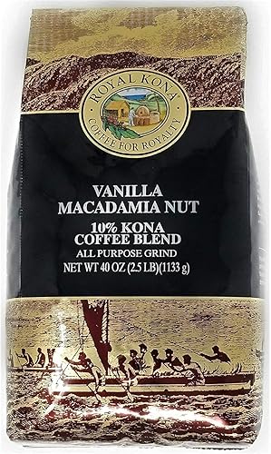 Royal Kona 10% Kona Coffee Blend, Vanilla Macadamia Flavor - Ground Coffee 40 Ounce Bag - PACK OF 3