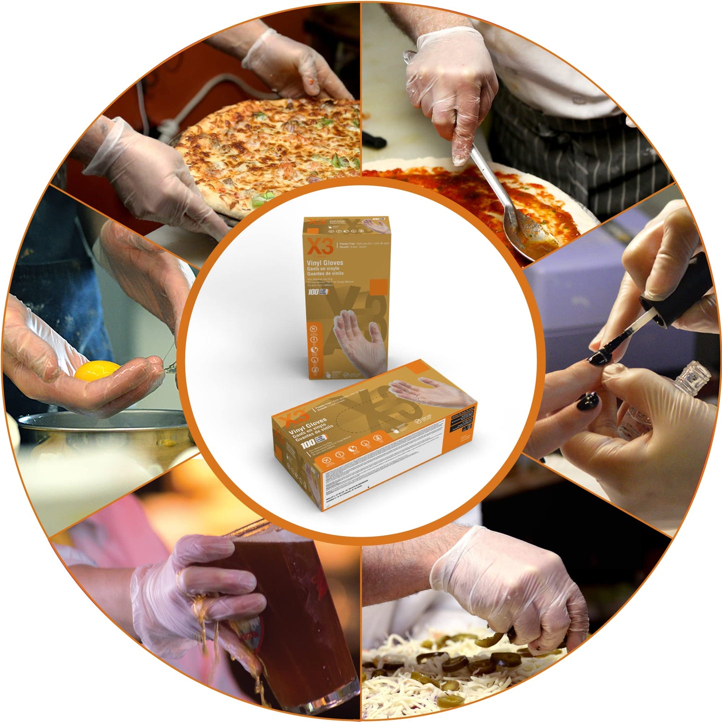 X3 Clear Vinyl Disposable Industrial Gloves, 3 Mil, Latex & Powder-Free, Food-Safe, Non-Sterile, Smooth, Small, Box of 100