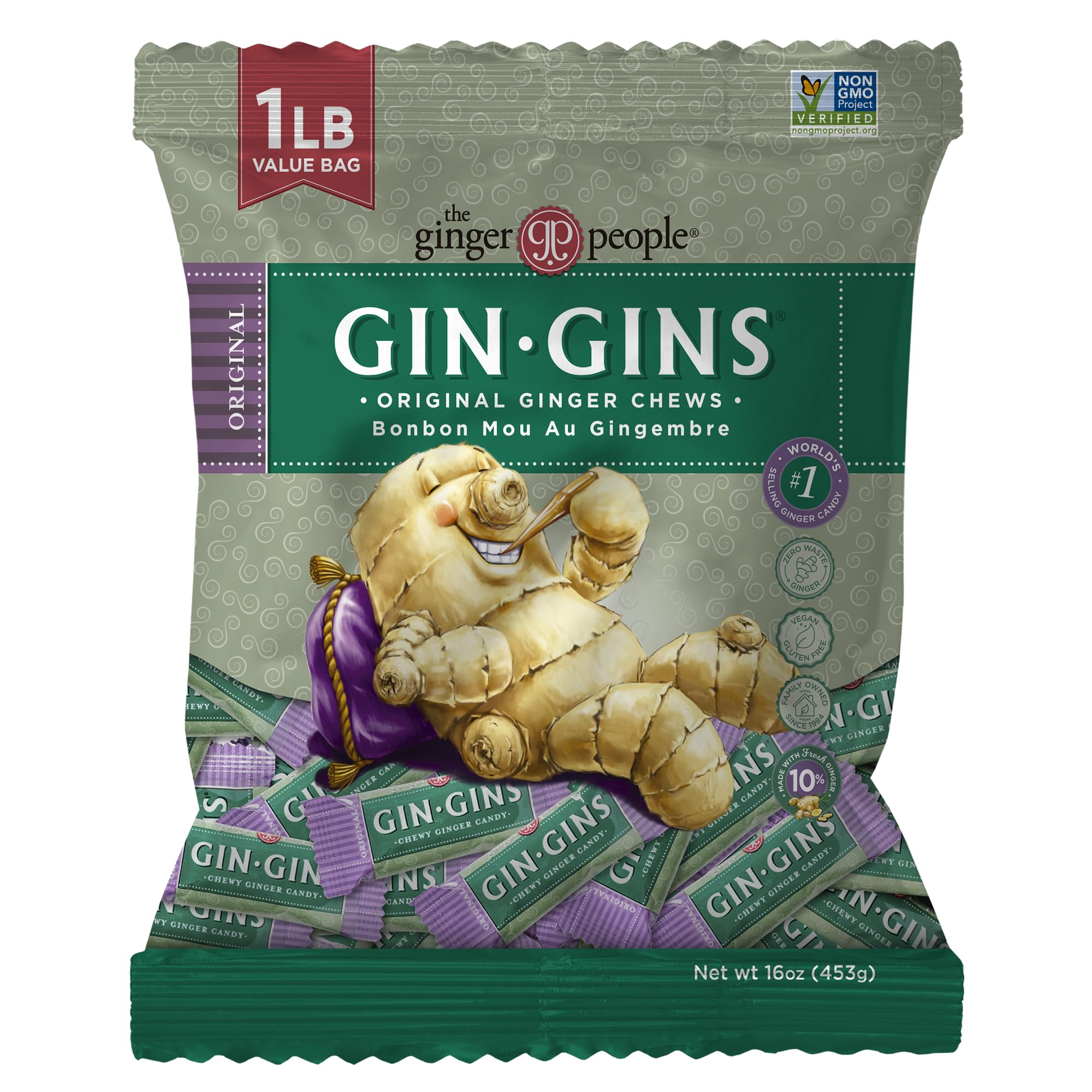 GIN GINS Original Ginger Chews - Natural Fresh Ginger Candy by The Ginger People - Individually Wrapped Healthy Candy - Original Flavor - Large 1 lb