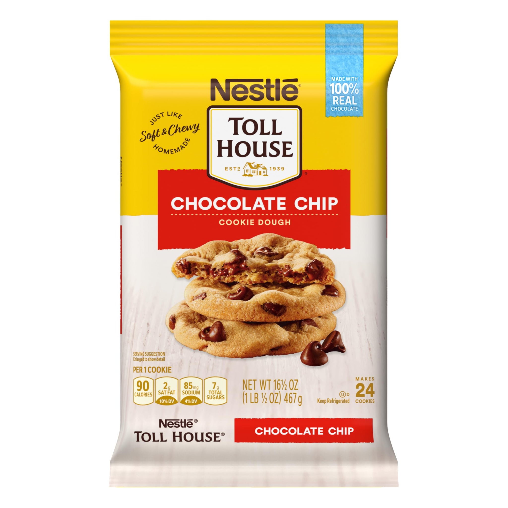 Nestle Toll House Chocolate Chip Cookie Dough with 100% Real Chocolate Chips - 2 Dozen Ready To Bake Just Like Homemade Chocolate Chip Cookies 16.5 Oz