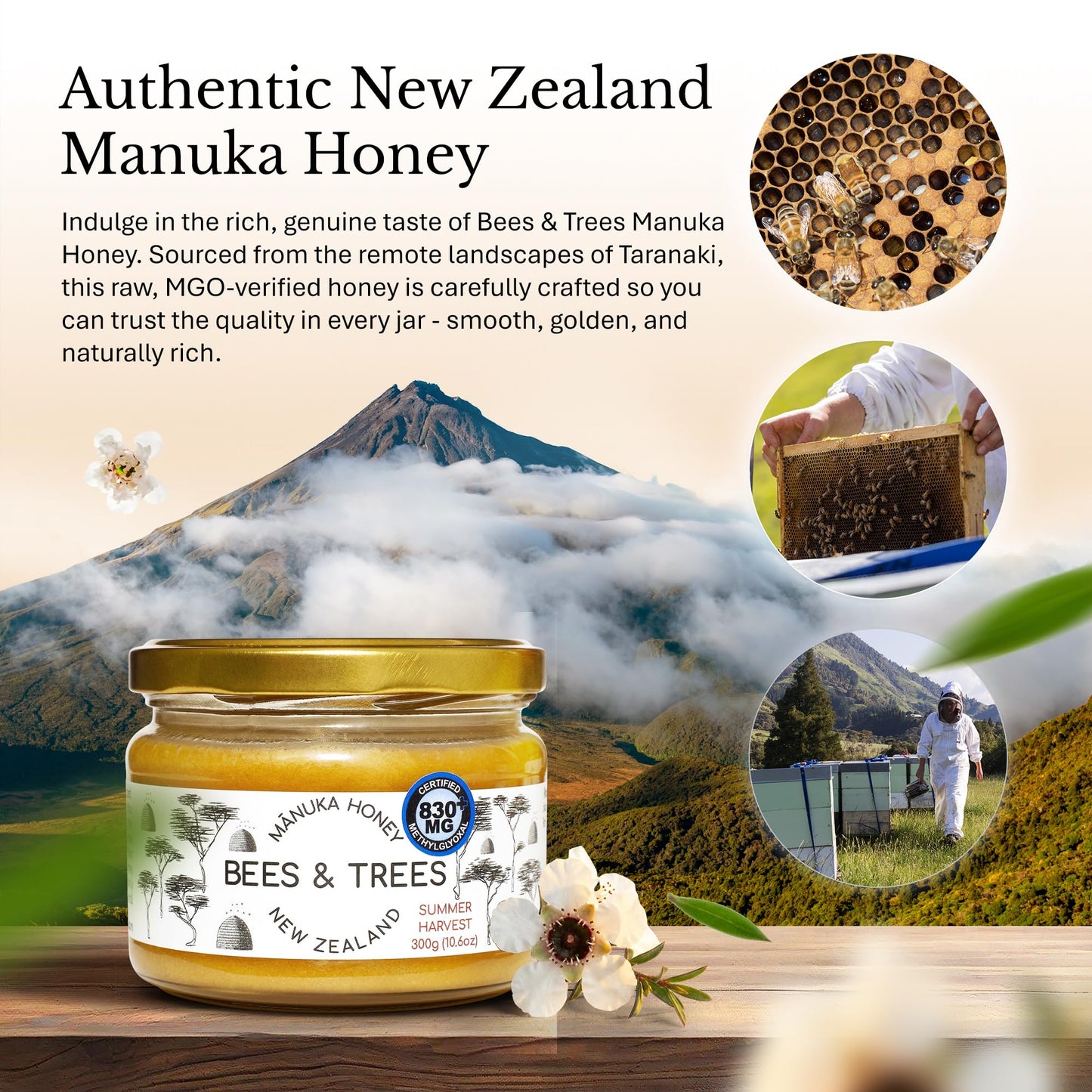 Bees & Trees Manuka Honey 830+ MGO - Raw, Pure New Zealand Monofloral Honey - Unpasteurized & Minimally Filtered - Ideal for Tea, Coffee, Dressings