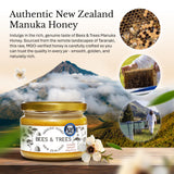 Bees & Trees Manuka Honey 830+ MGO - Raw, Pure New Zealand Monofloral Honey - Unpasteurized & Minimally Filtered - Ideal for Tea, Coffee, Dressings