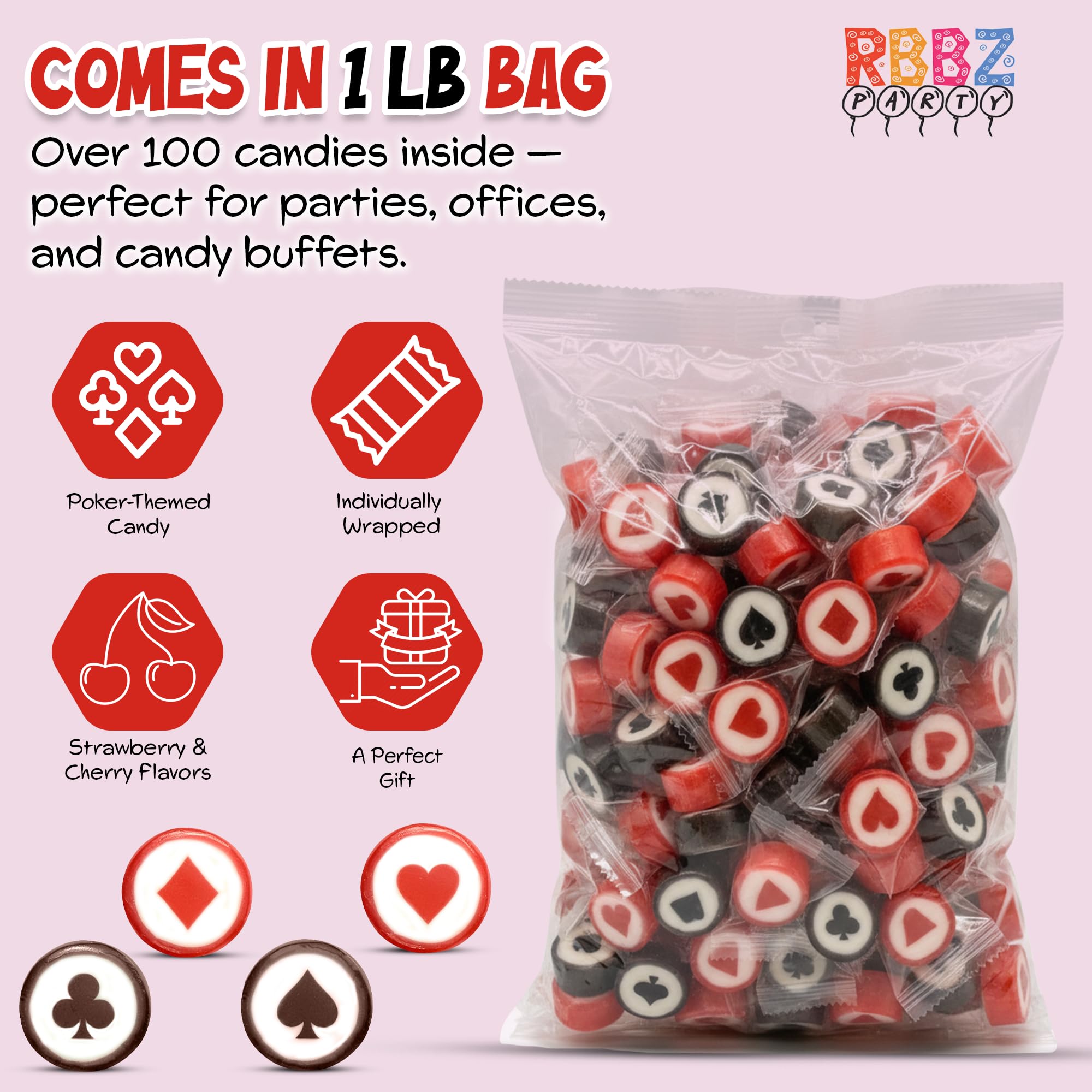 Poker Candy - Hard Candy Bulk 1 lb Bag of Individually Wrapped Small Candies Assortment (approx. 116 pcs) Great for Office Bowls - Casino Theme Party