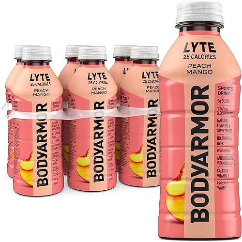 BODYARMOR LYTE, Peach Mango, Electrolyte Drink, 25 Calories, 20 Fl Oz Bottles (6 Pack), Coconut Water Sports Drink, Natural Flavor & B Vitamins