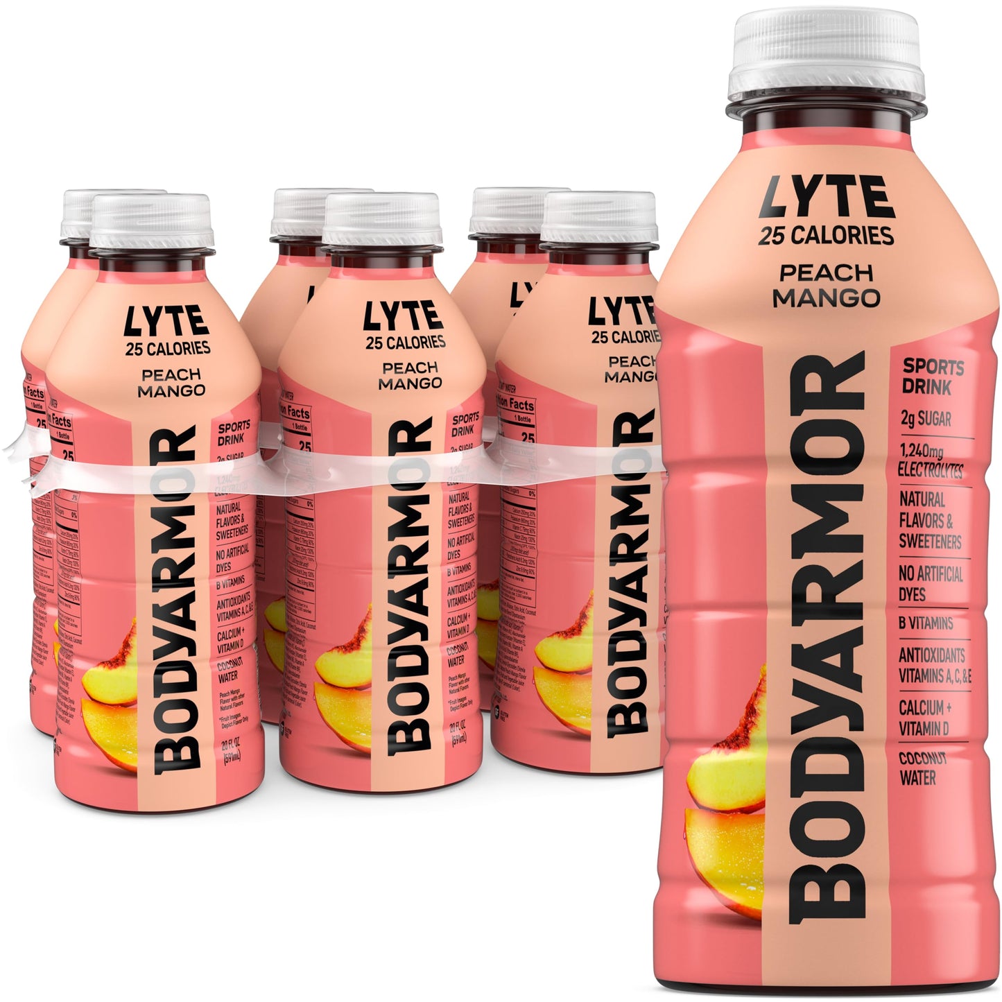 BODYARMOR LYTE, Peach Mango, Electrolyte Drink, 25 Calories, 20 Fl Oz Bottles (6 Pack), Coconut Water Sports Drink, Natural Flavor & B Vitamins