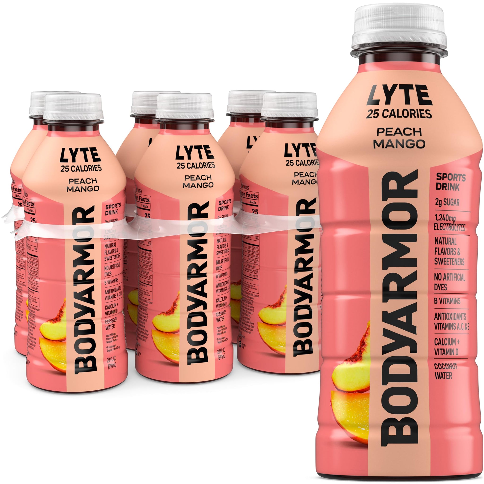 BODYARMOR LYTE, Peach Mango, Electrolyte Drink, 25 Calories, 20 Fl Oz Bottles (6 Pack), Coconut Water Sports Drink, Natural Flavor & B Vitamins