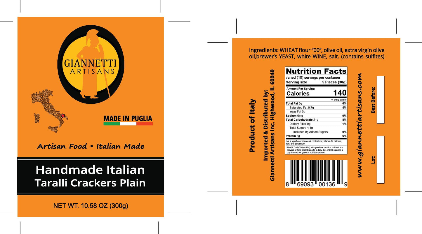 Giannetti Artisans Handmade Plain Taralli Crackers - Imported from Puglia - 1, 2 & 3 Packs (3)