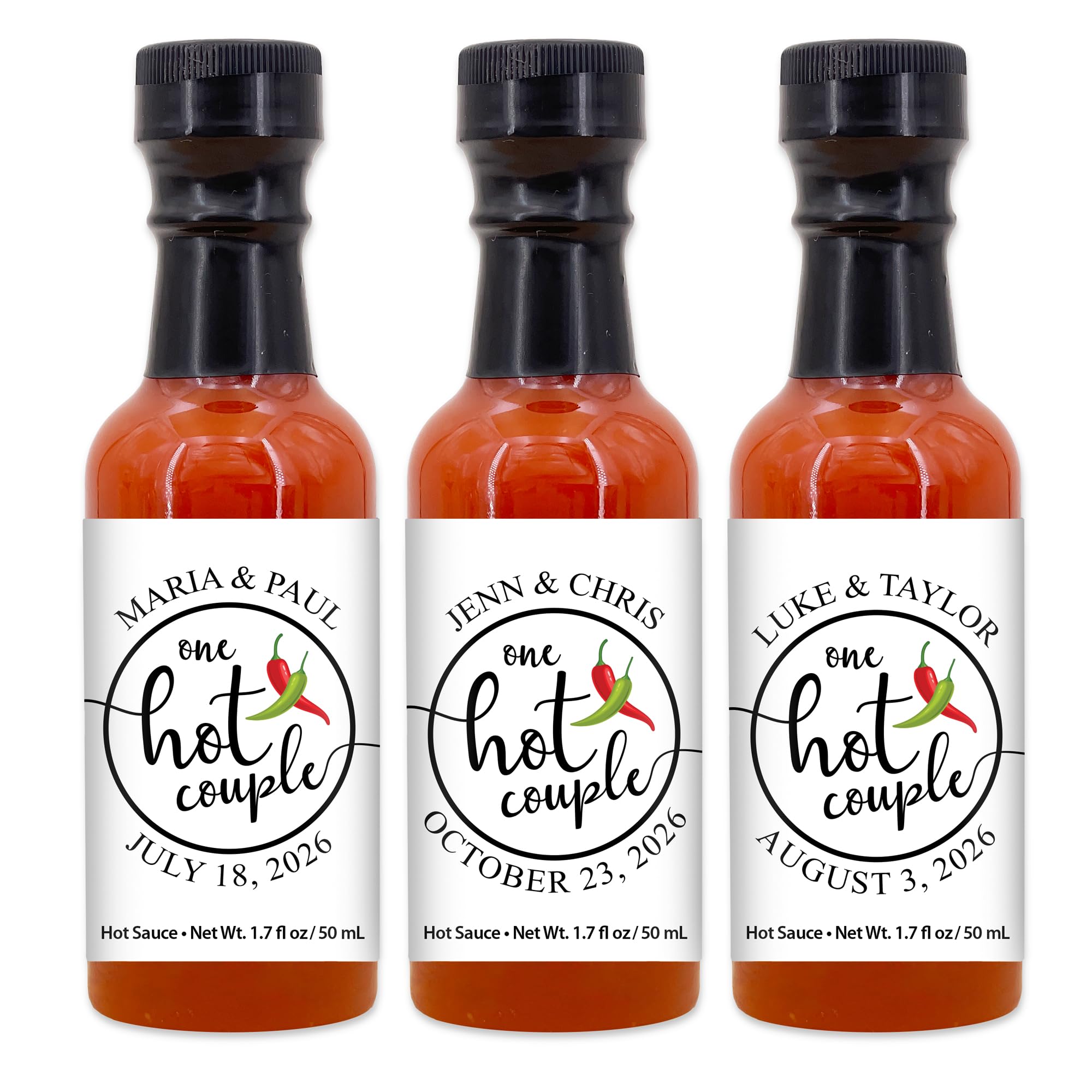 Best Day Ever Spot One Hot Couple Sauce Gifts, Mini Bottles, Wedding Favors, Custom, Labels, Personalized - 1.7oz (Set of 12)