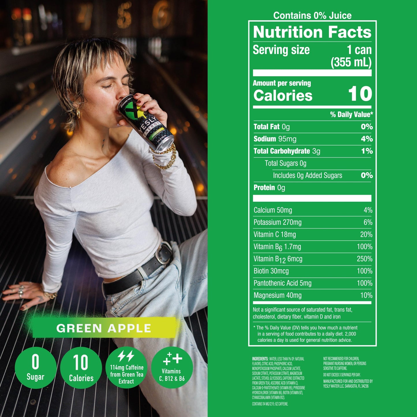 Yesly Energy Drink, Variety Pack, Naturally Flavored Sparkling Energy Drink With Electrolytes, Magnesium, Potassium, Vitamin C, B6 & B12, Natural