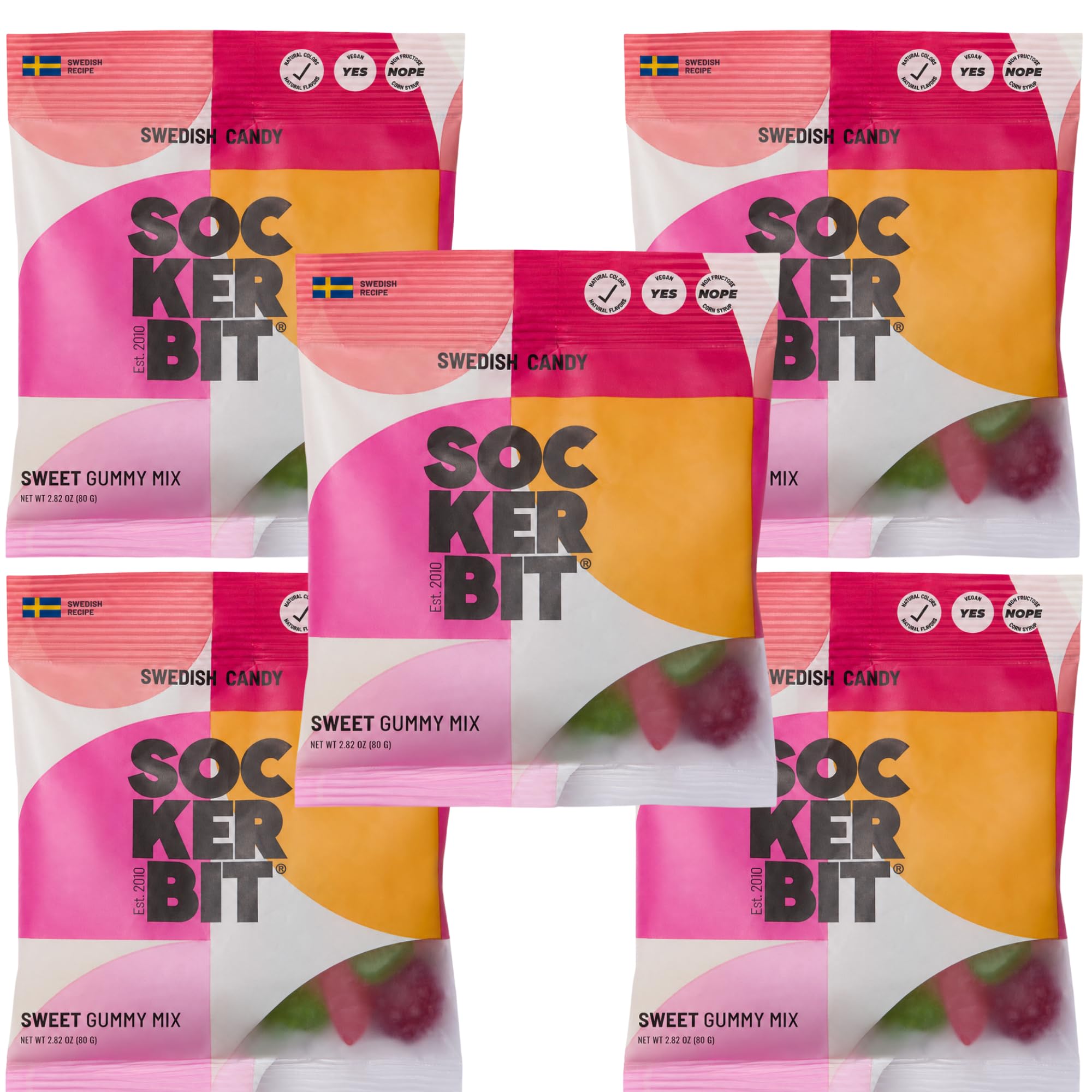 Sockerbit Swedish Candy Gummy Mix, 5 Bags, Assorted Sweet Candy Mix, Soft & Chewy Fruit Gummies with Variety of Flavors, Textures & Shapes, Vegan
