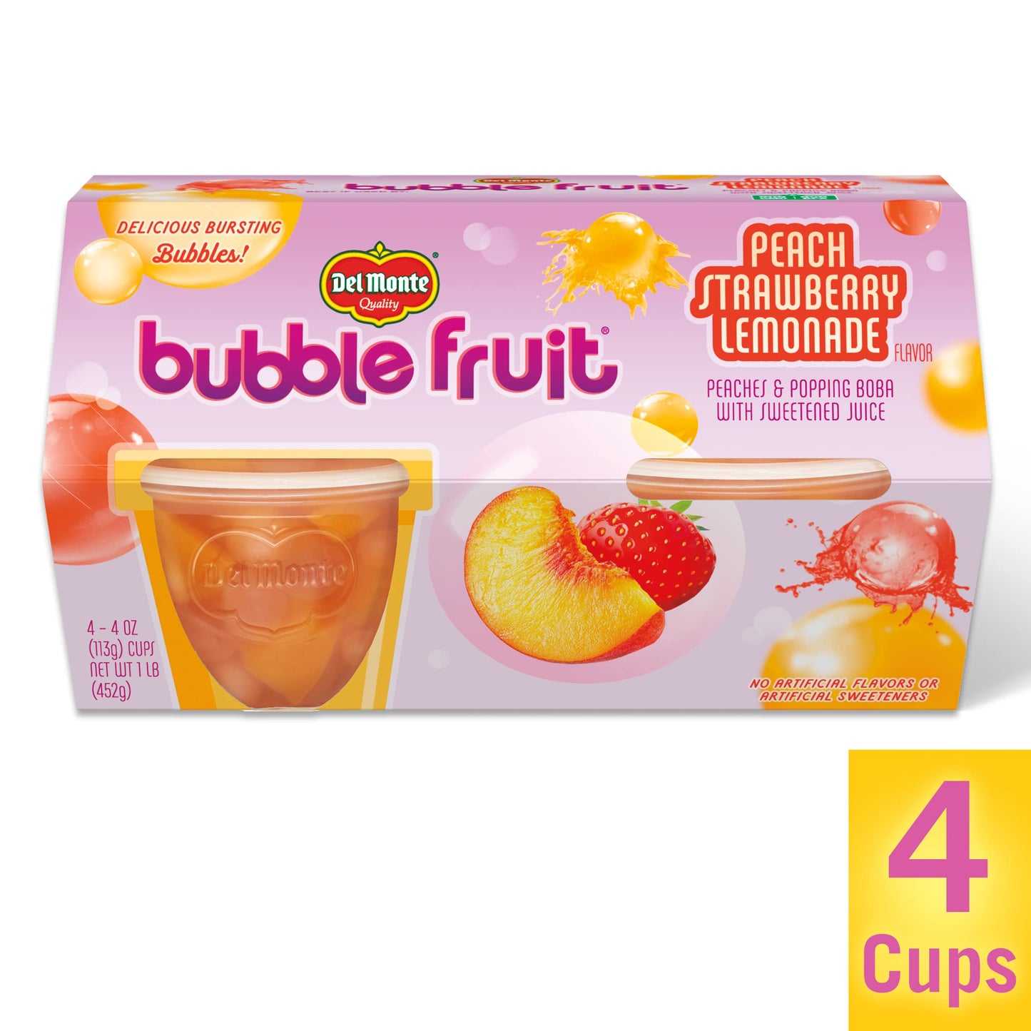 Del Monte Bubble Fruit Peach Strawberry Lemonade Peaches & Popping Boba with Sweetened Juice-3.5 Oz, (Pack of 1, 4 Count)