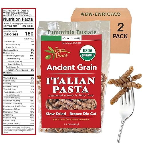 Papa Vince Organic Non Enriched Pasta - Ancient Grain, high in fiber, high in protein, Timilia/Tumminia grown in Sicily Italy. Al dente texture, nutty