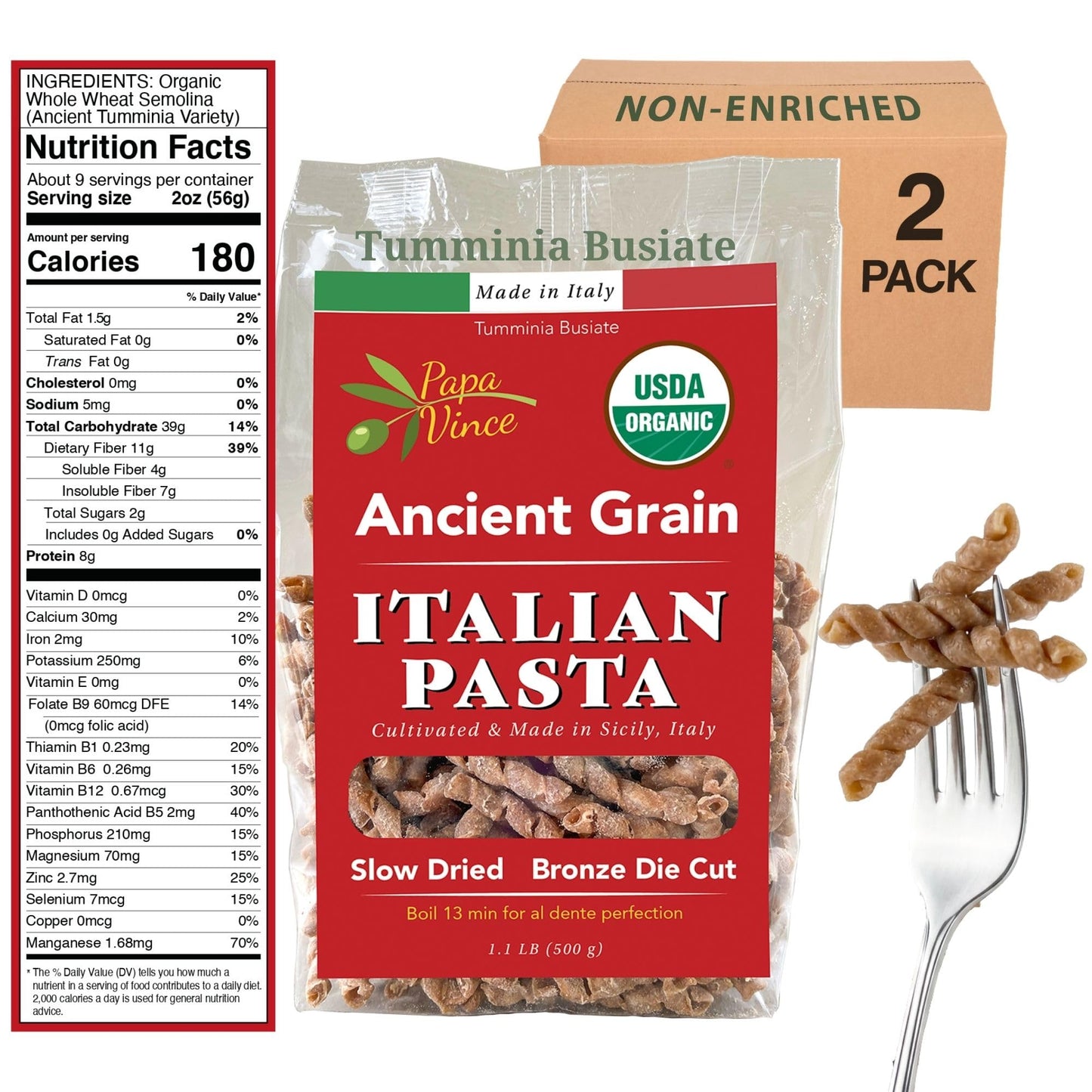 Papa Vince Organic Non Enriched Pasta - Ancient Grain, high in fiber, high in protein, Timilia/Tumminia grown in Sicily Italy. Al dente texture, nutty