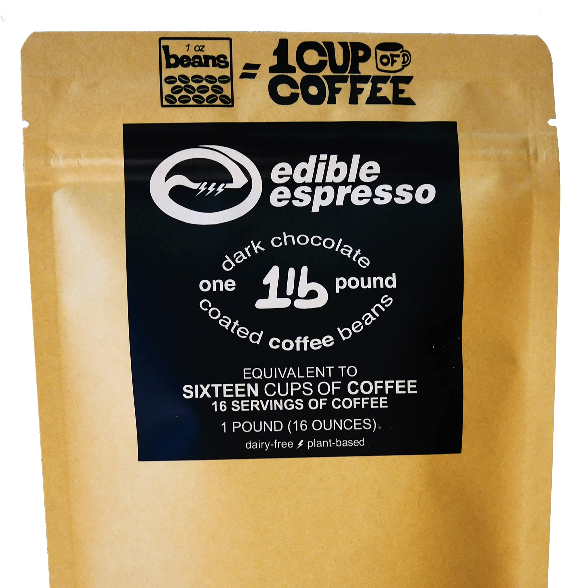 Edible Espresso - Dark Chocolate Covered Coffee Beans 150mg caffeine = one cup of coffee! Plant-based, Dairy-Free Natural Energy. (1 pound / 16