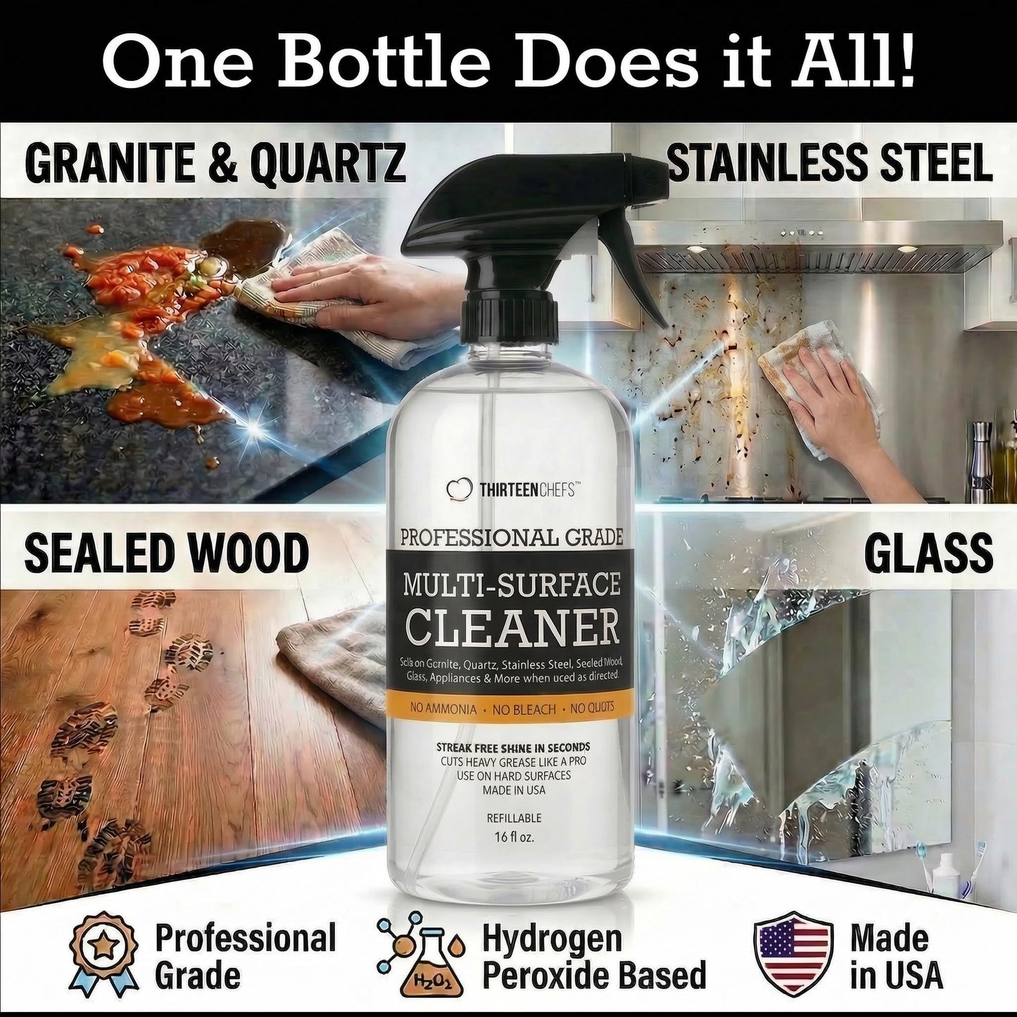 Thirteen Chefs Multi-Surface Cleaner for Kitchen, Home and Bath - Cleans All Countertops, Stainless Steel, Glass, Floor and Tile - 16oz Spray Bottle