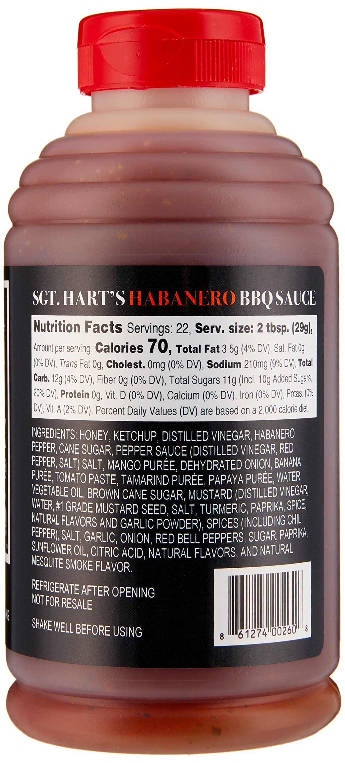 SGT. Hart’s Habanero BBQ Sauce, Spicy Smoky Flavor, 22.04 OZ Bottle, Premium Small Batch Barbecue Sauce for Wings, Chicken, Beef, Pork, Seafood