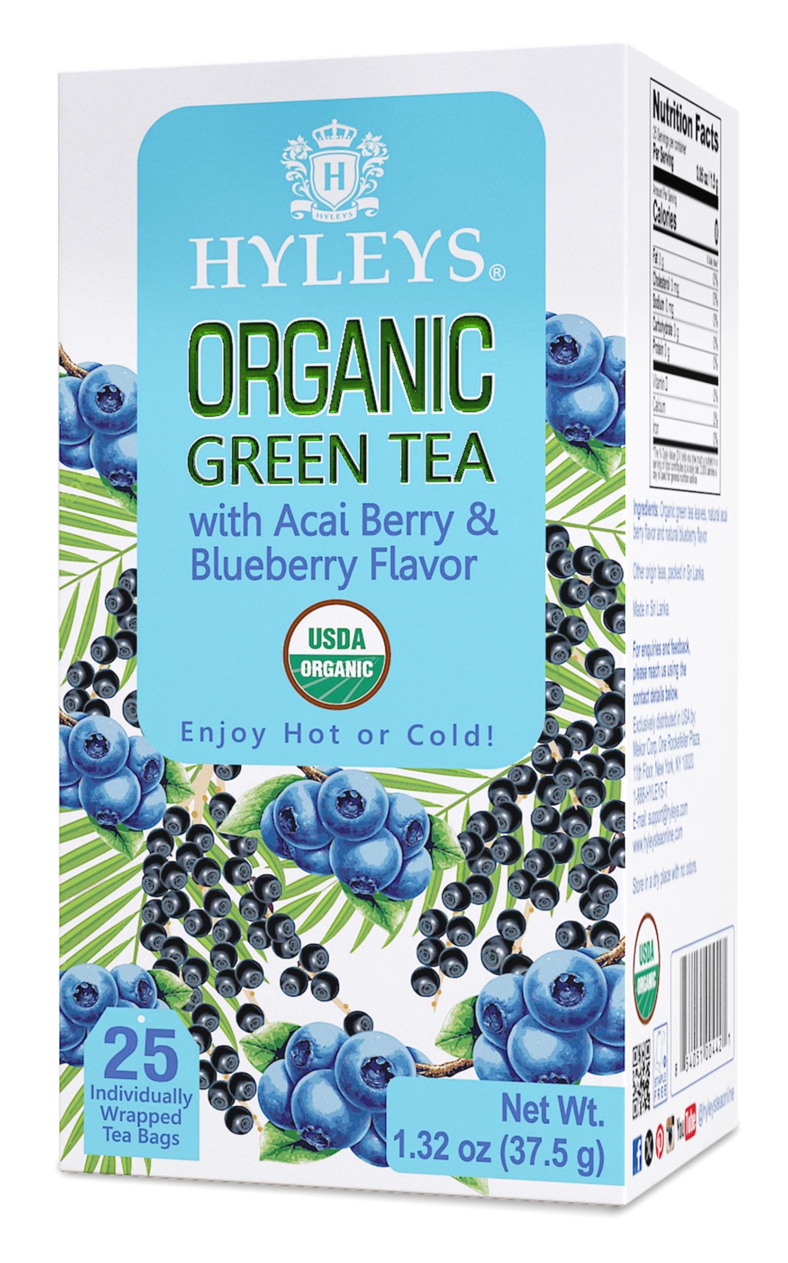 Hyleys Organic Green Tea Acai Berry and Blueberry Flavor - 25 Tea Bags