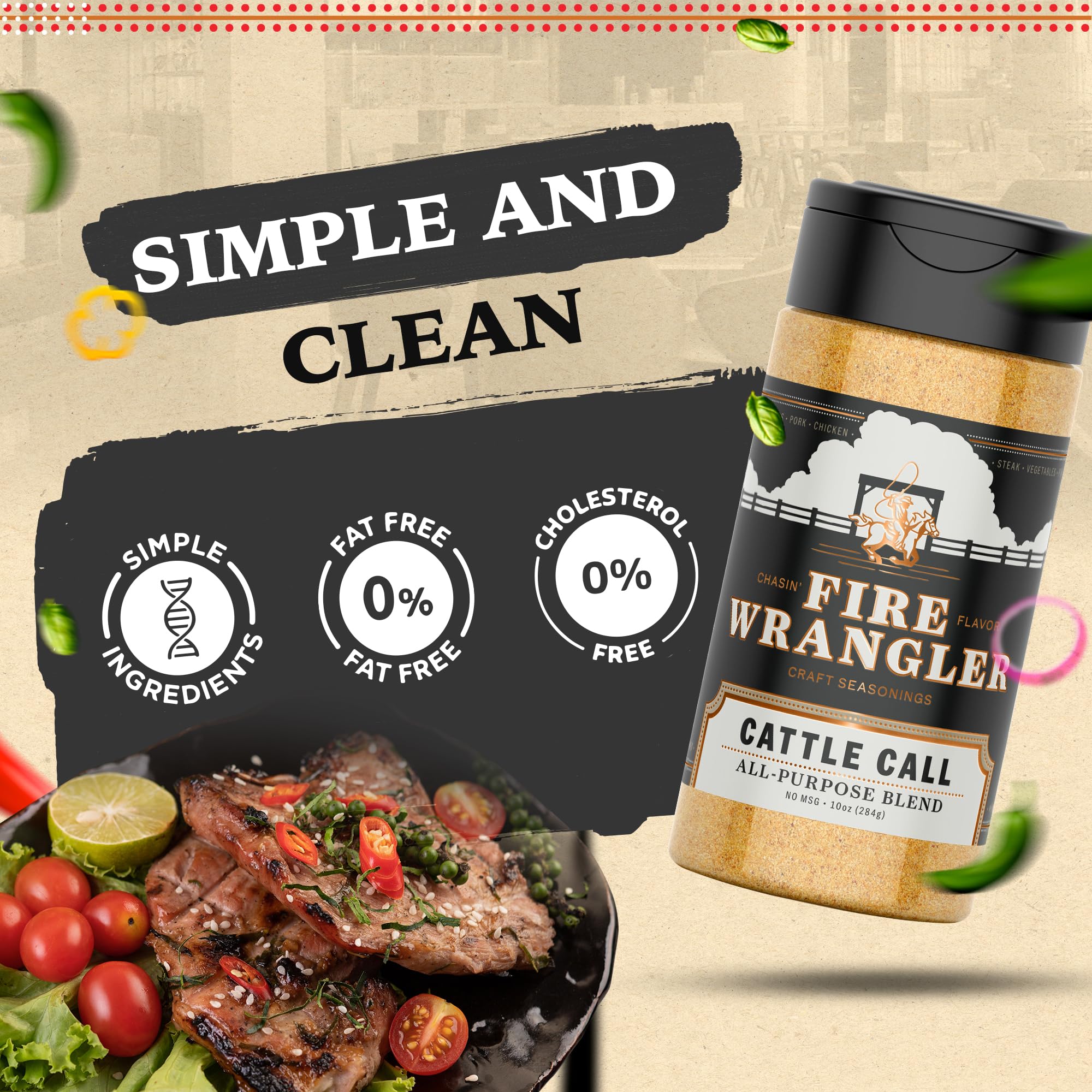 FIRE WRANGLER “Cattle Call” All-Purpose Seasoning Blend - Premium Coarse Salt, Pepper, Garlic, Citrus, Herbs & Spices - Versatile Rub for Beef