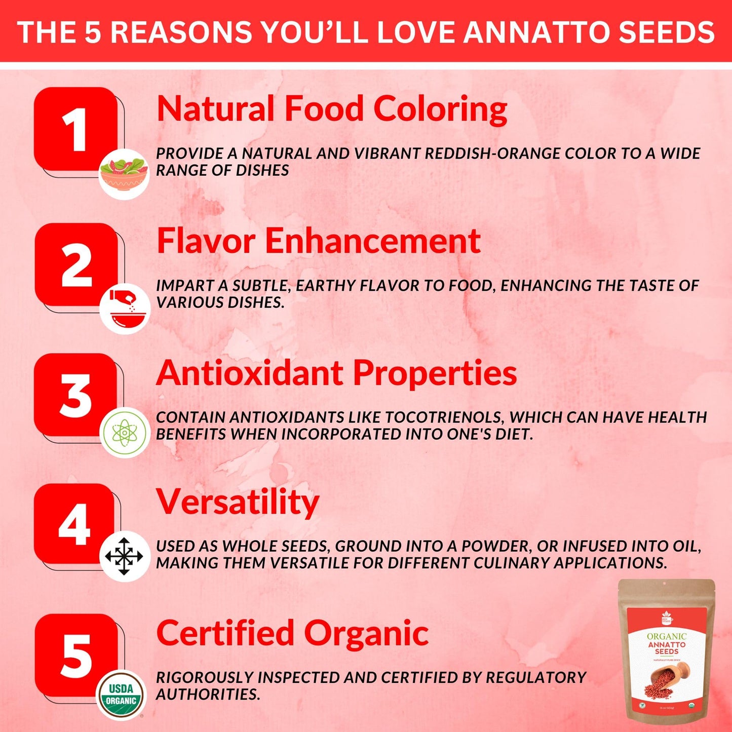 SPICY ORGANIC Annatto Seeds Whole 8 Oz. - USDA Certified Organic - All-Natural Achiote Seeds Spice and Seasoning for Rice, Cheese, Sauces, Achiote
