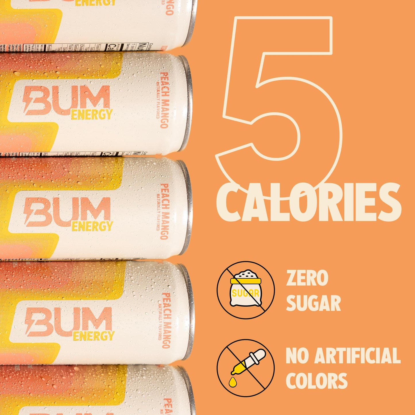 BUM Sugar-Free Energy Drink, Peach Mango - Lightly Carbonated & No Artificial Colors, Natural Caffeine & Citicoline for Energy & Focus, Brain Boost